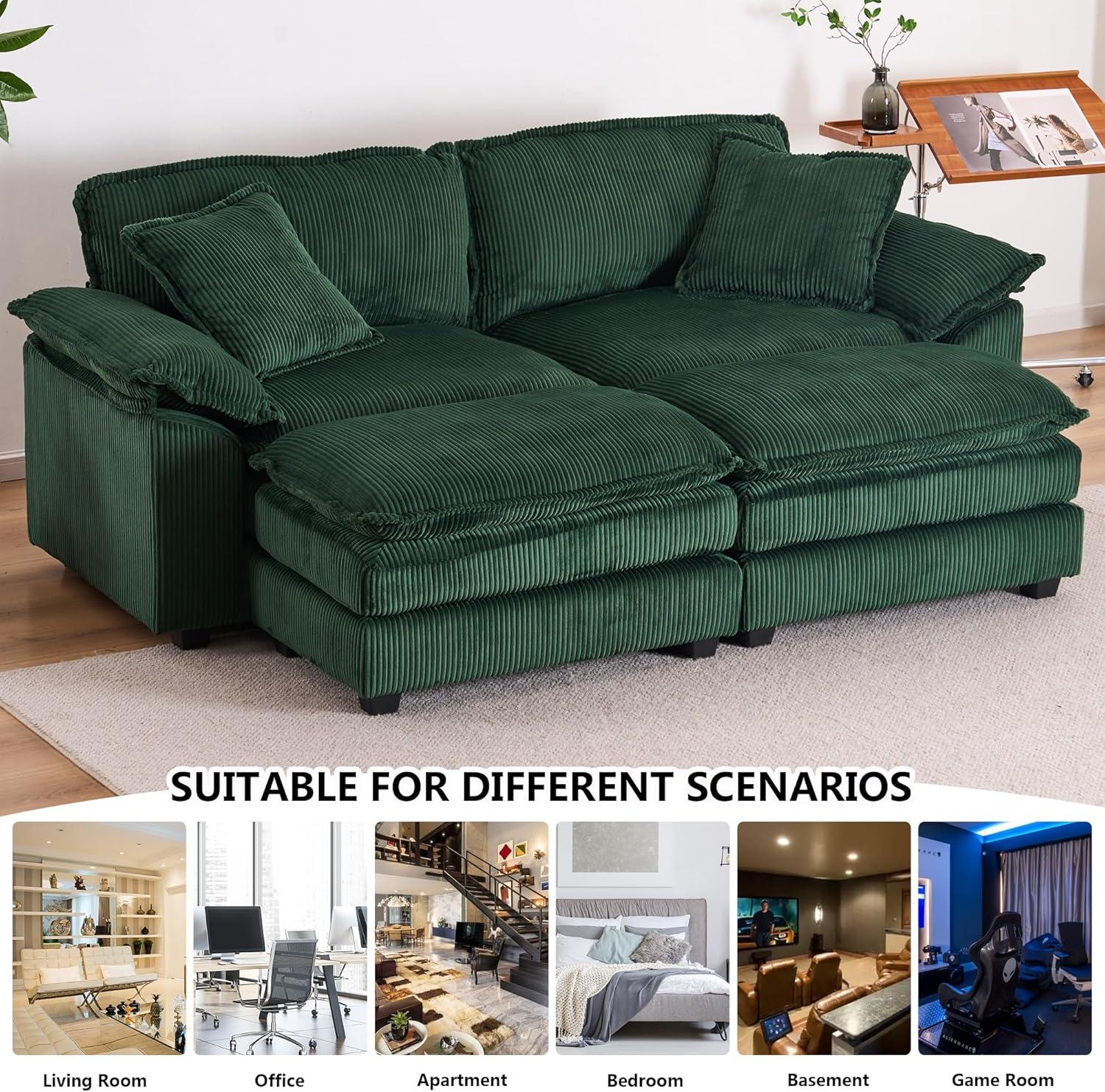 Green Corduroy Loveseat Sofa with Ottomans and Pillows