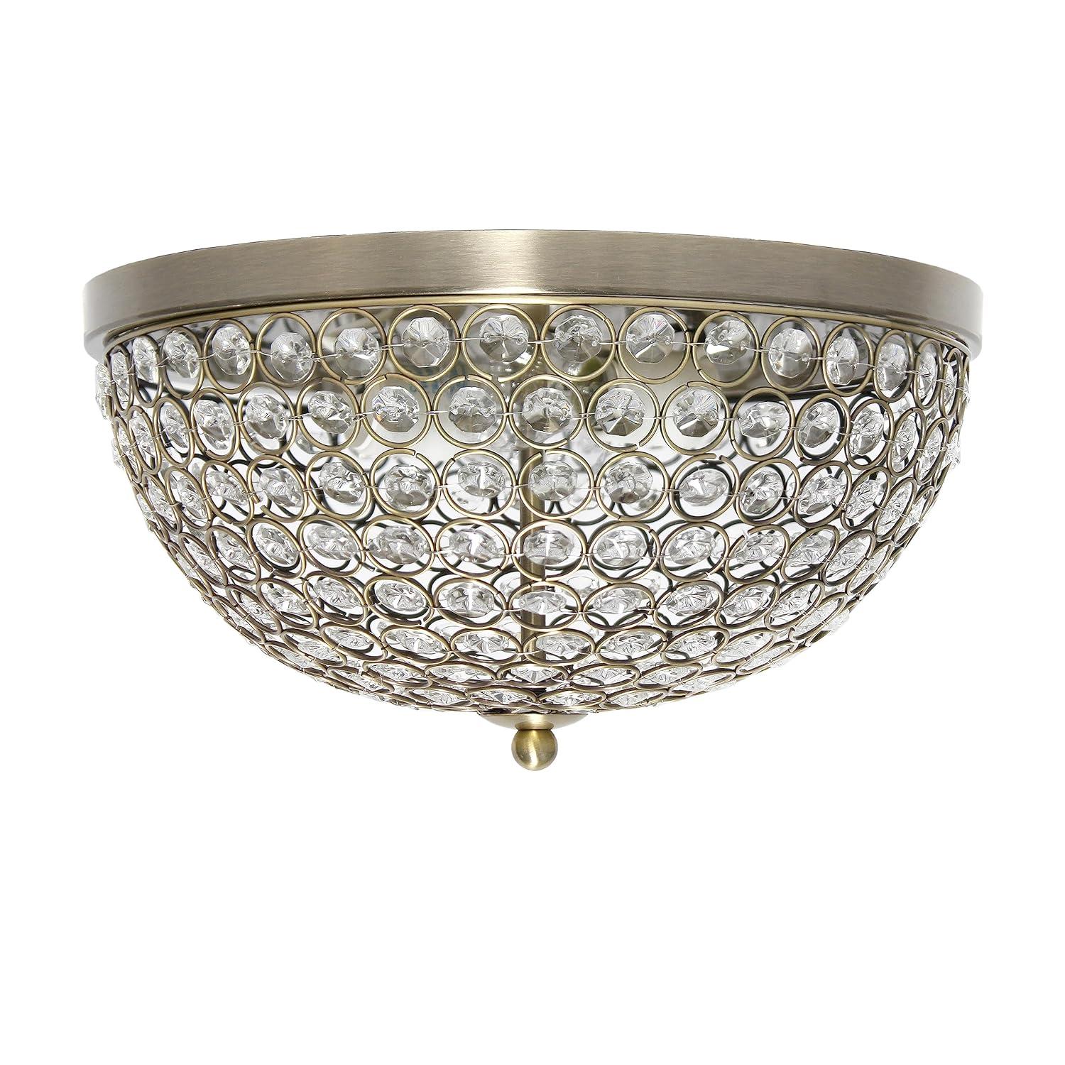 Elegant Designs Elipse Crystal 13" Modern Metal 2 Light Bowl Shaped Ceiling Flush Mount Fixture, Antique Brass