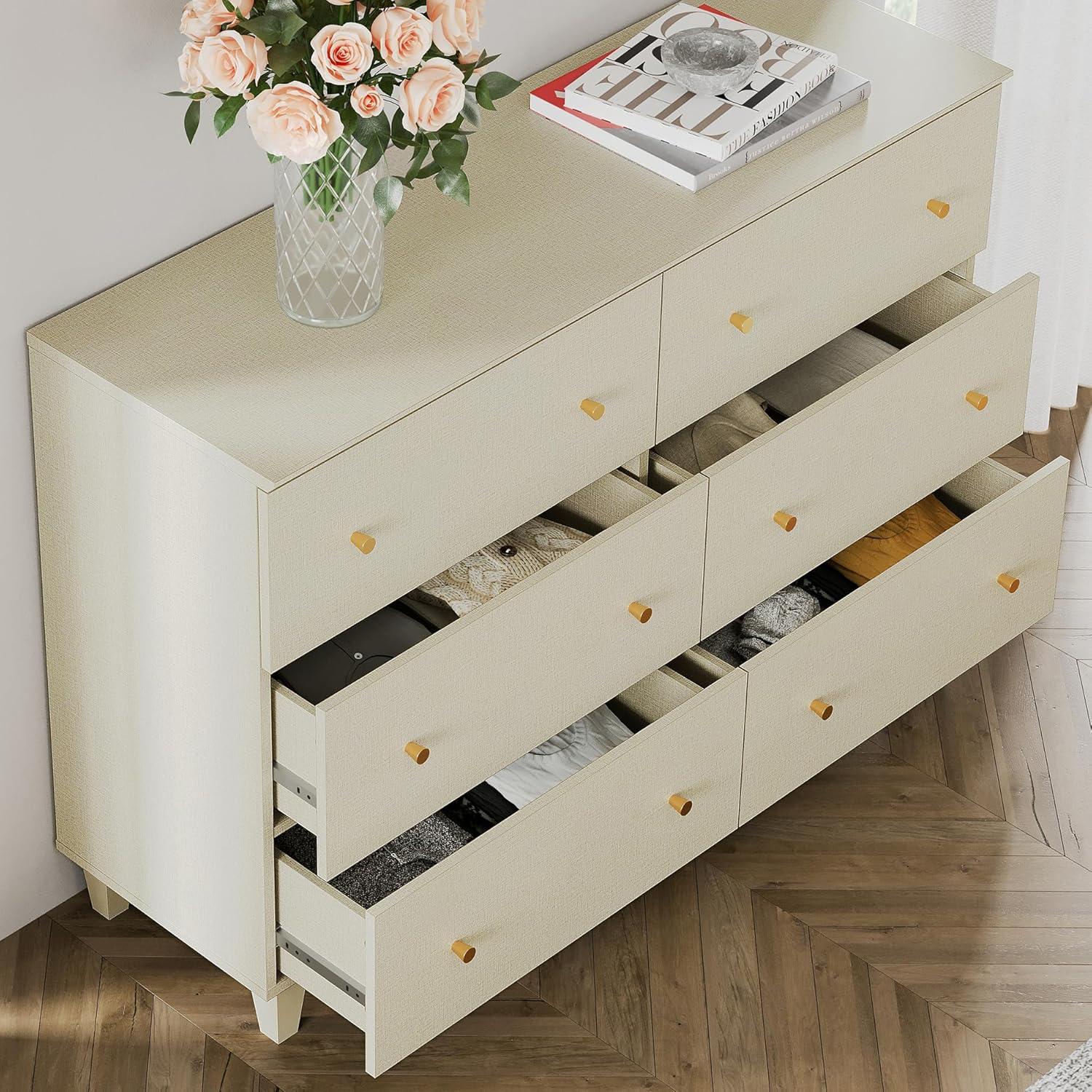 WAMPAT Dresser with 6 Drawers for Bedroom, Modern Wood Wide Double Dressers with Chest of Drawers, Beige