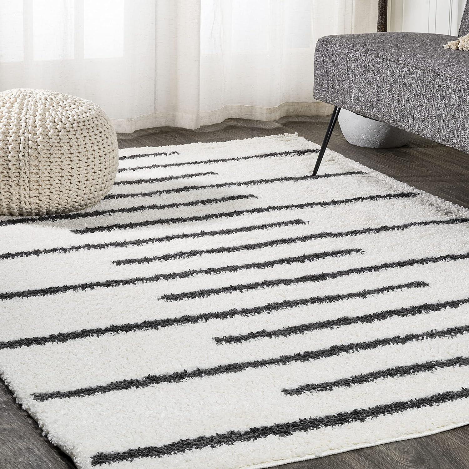 3'x5' Alaro Berber Stripe Shag Area Rug, White/Black - JONATHAN Y