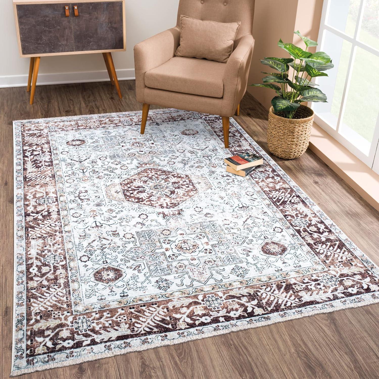 Oriental Beige/Brown Machine Washable Area Rug