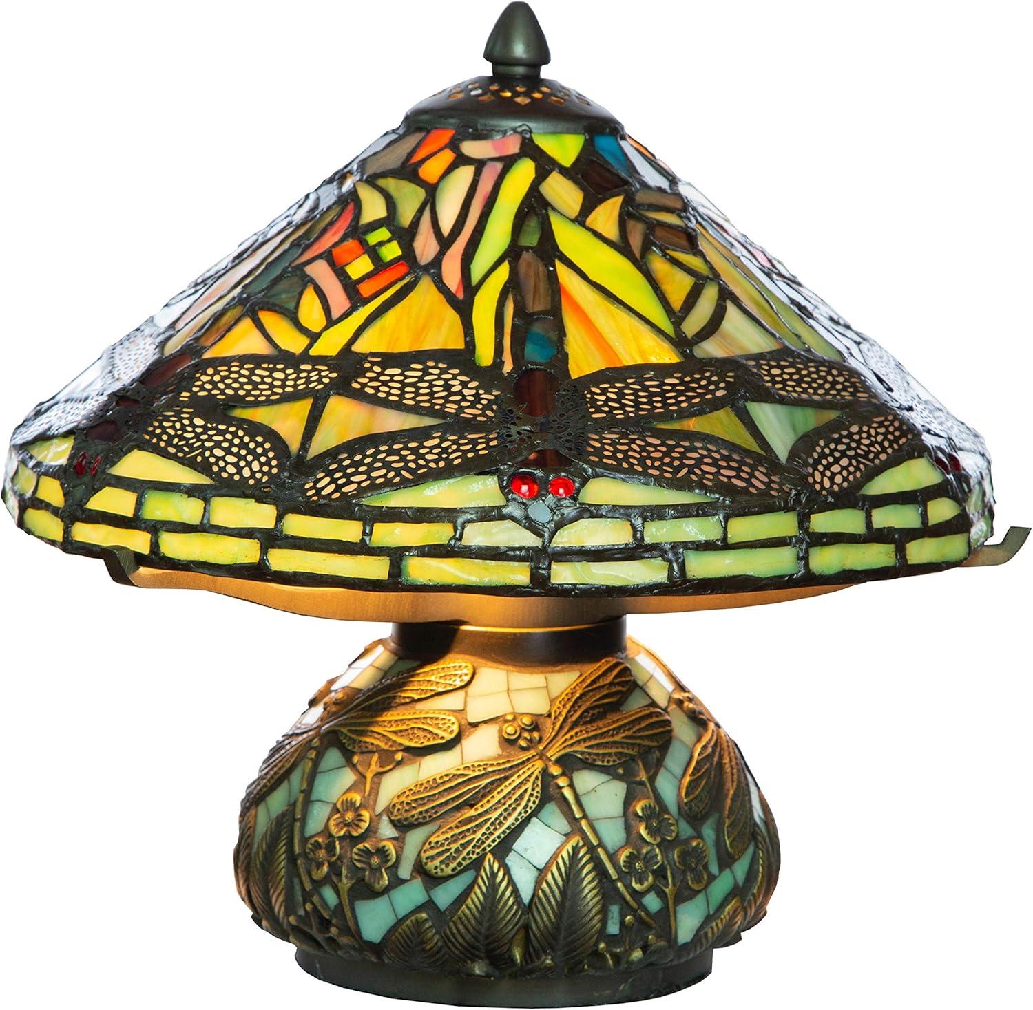 Bronze Mission 10" Stained Glass Dome Table Lamp with Dragonfly Mosaic Base