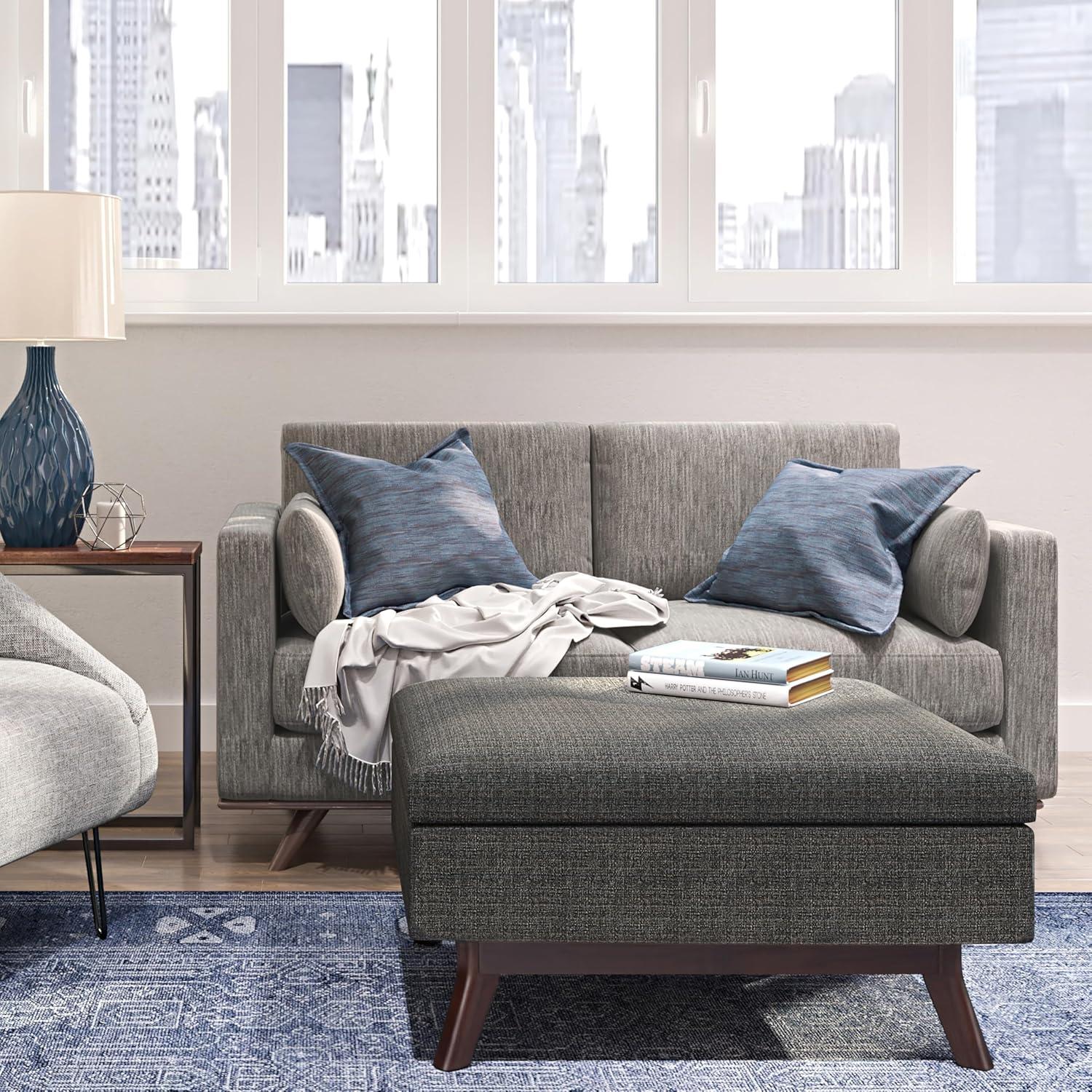 Simpli Home Owen 34"W Upholstered Coffee Table Storage Ottoman with Lift Top and Solid Wood Legs