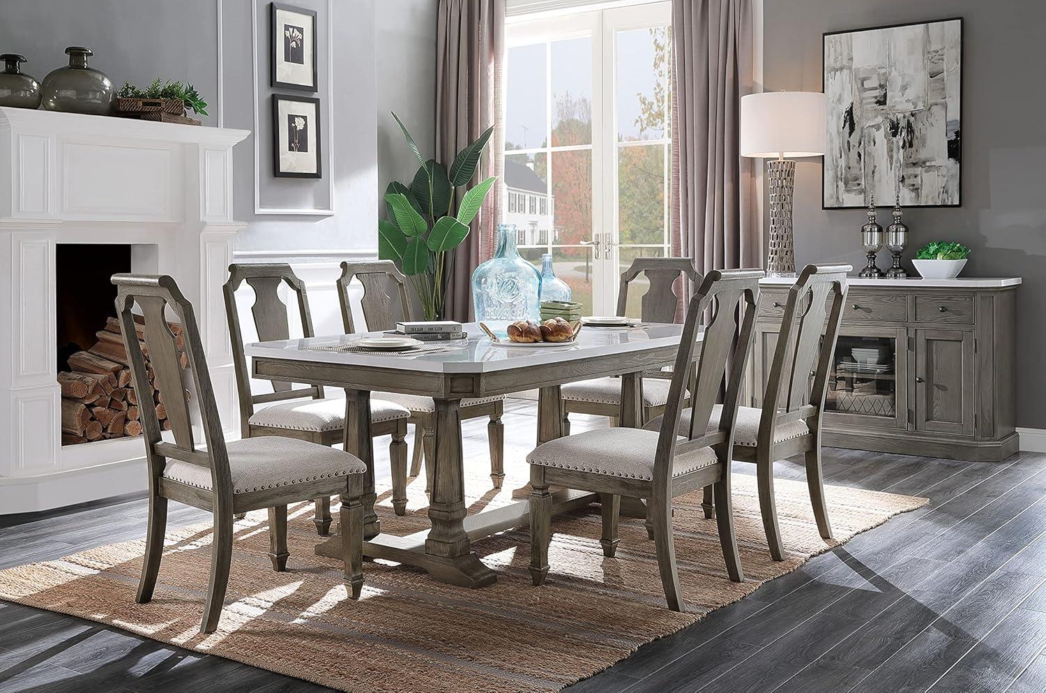 Elegant Transitional Marble-Top Extendable Dining Table in Weathered Oak