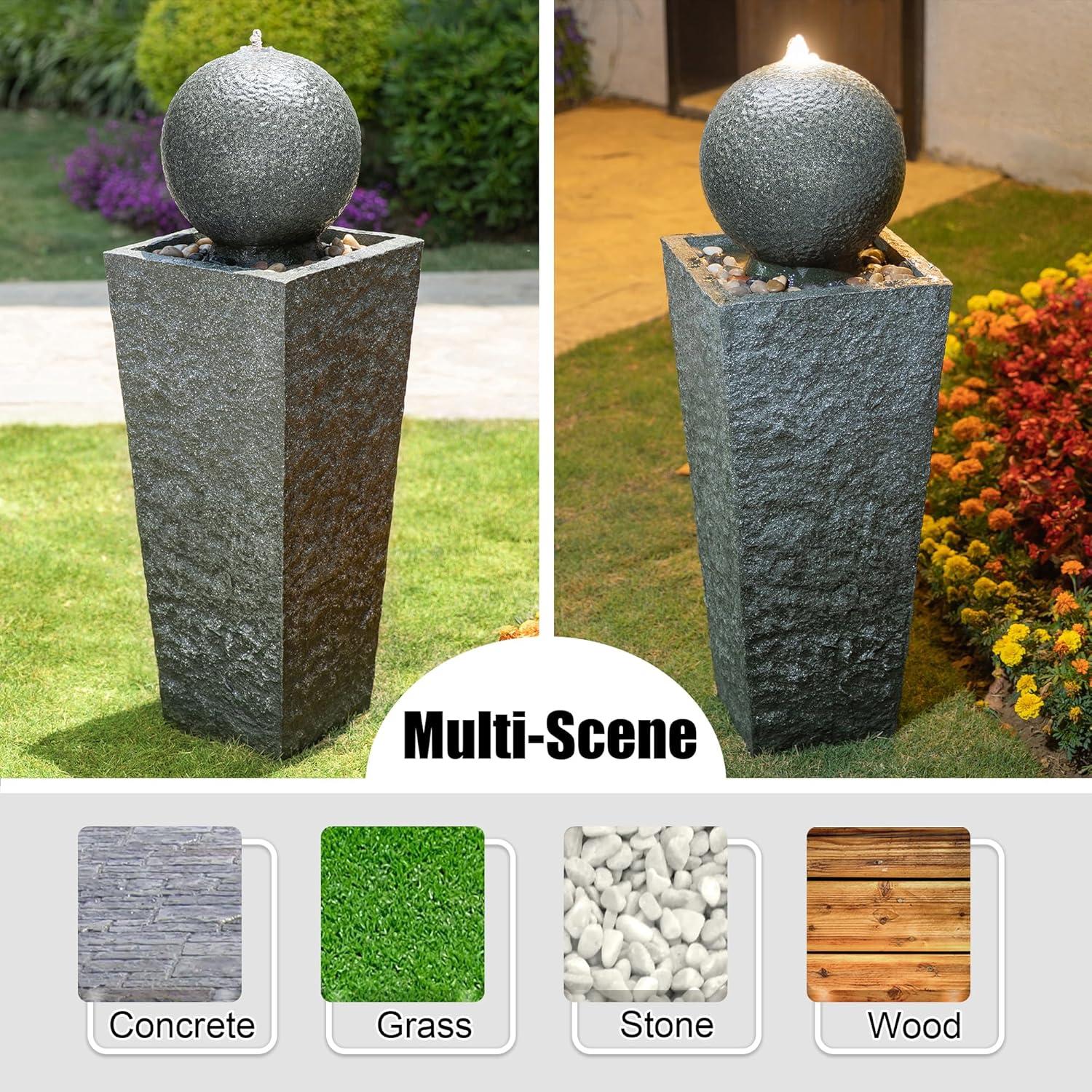 Modern Gray Polyresin Pedestal Fountain with LED Light