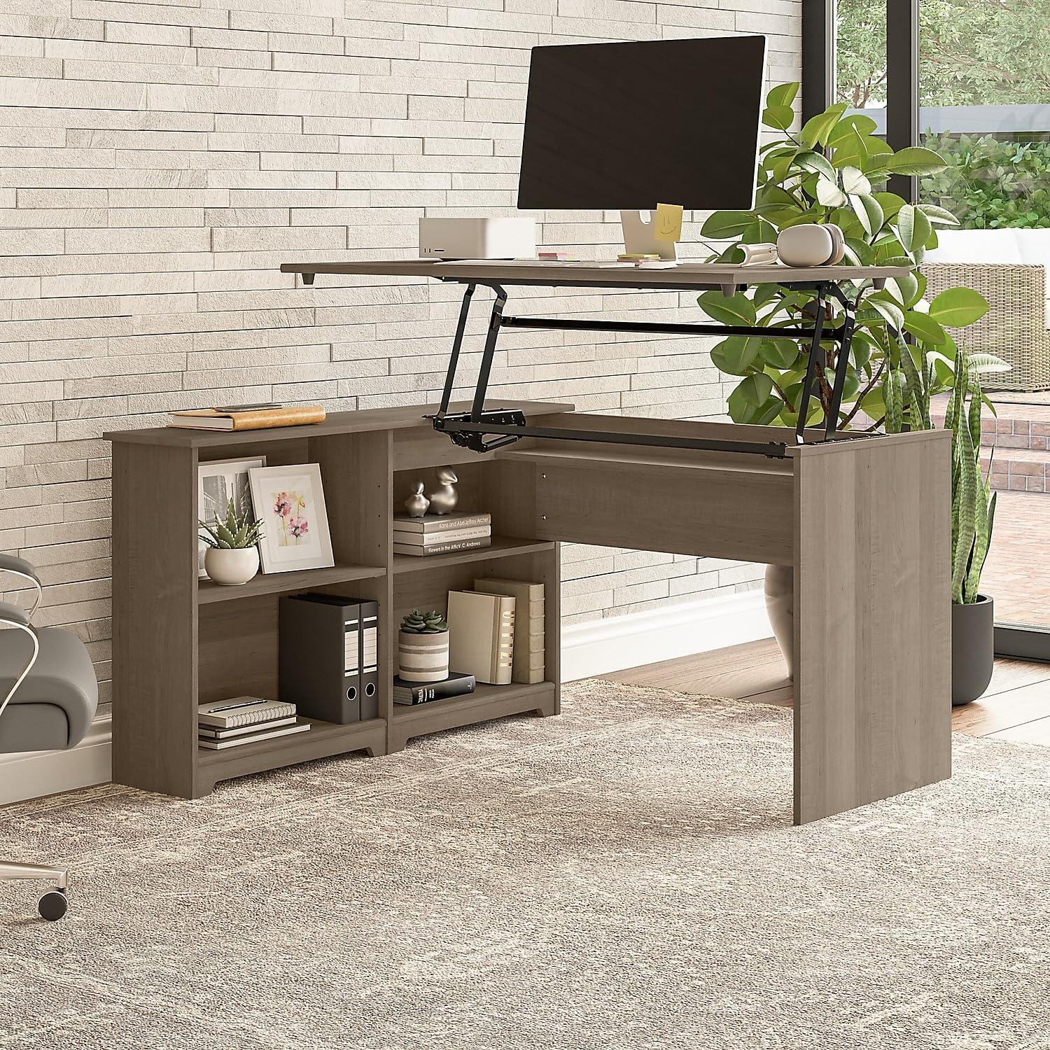 Bush Furniture Cabot 52W 3 Position Sit to Stand Corner Desk with Shelves in Ash Gray