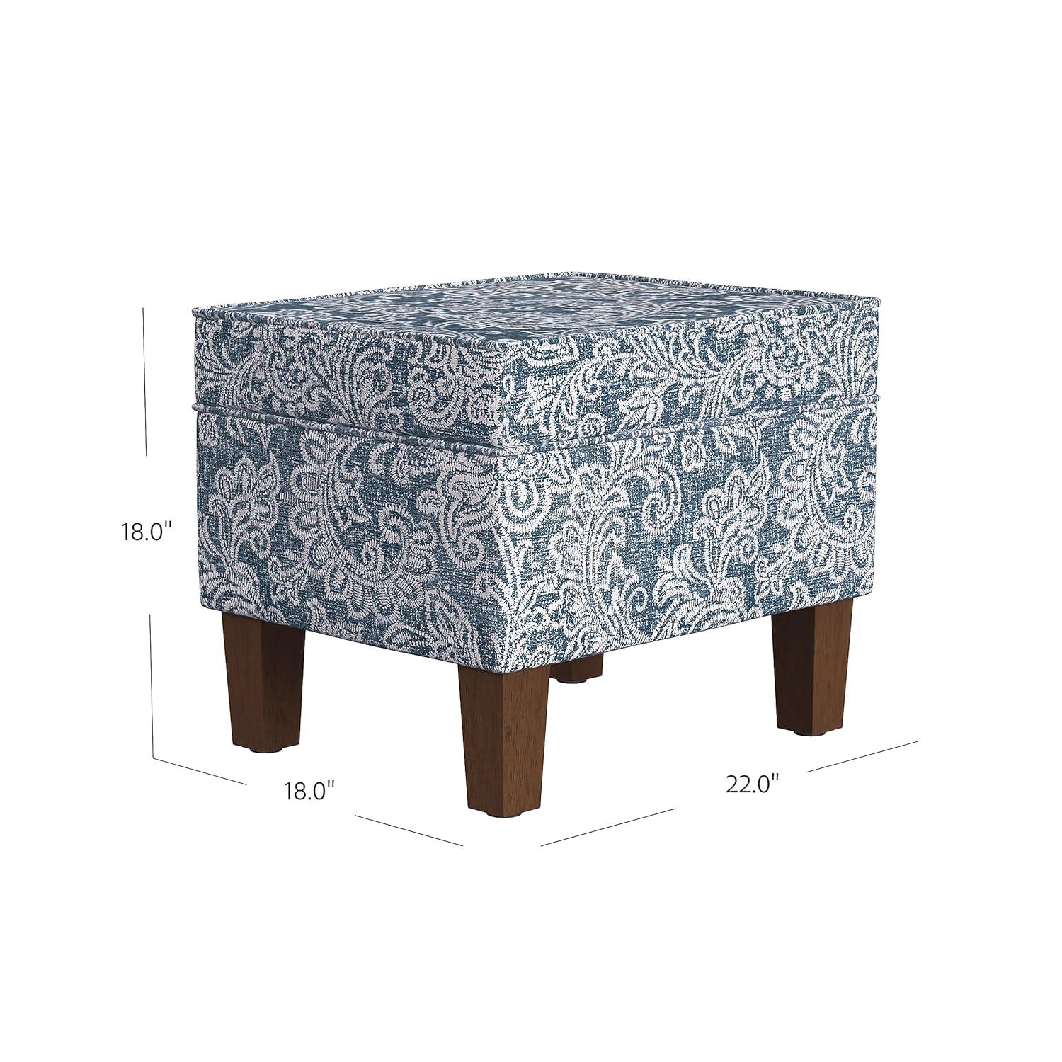 Medium Storage Ottoman Denim - HomePop: Upholstered Footstool, Botanical Pattern, Hardwood Frame
