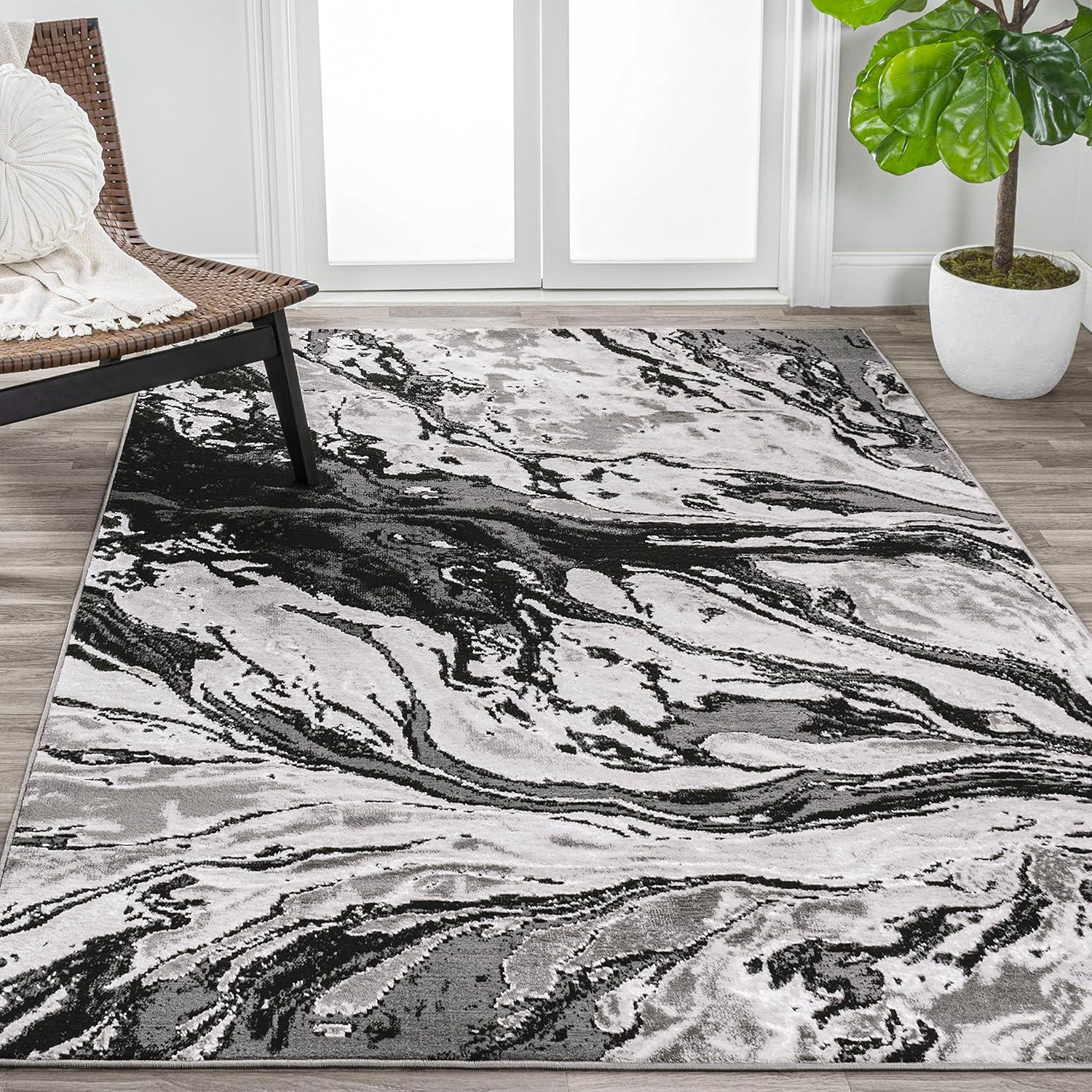 Abstract Swirl Marbled Black/Ivory 3x5 Synthetic Area Rug