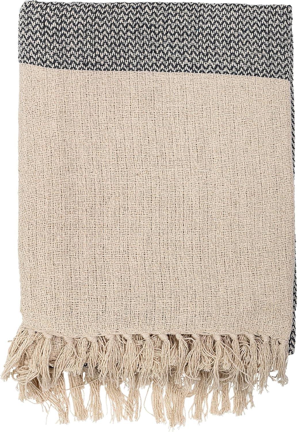 Soft Cotton Blend Knit Throw with Fringe, Grey and Cream