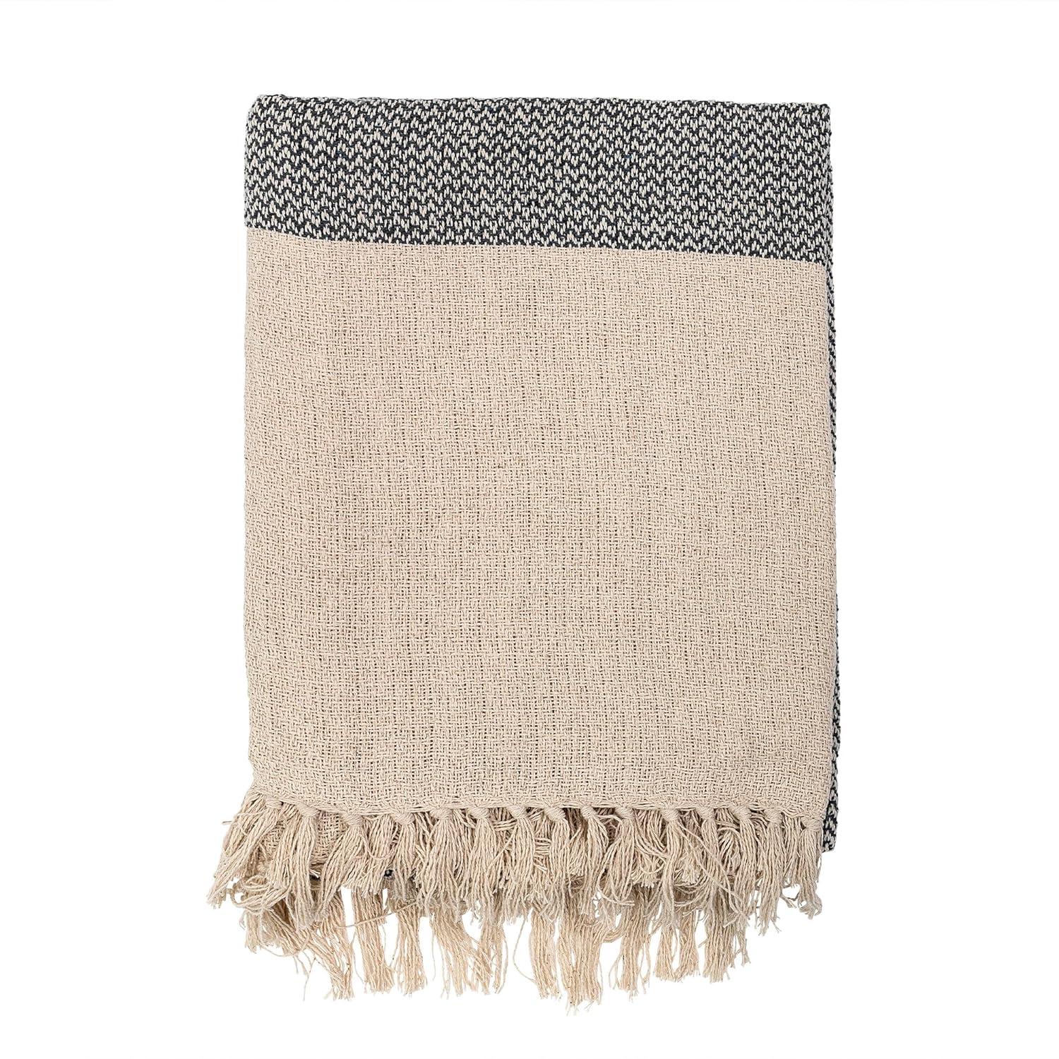 Bloomingville Grey & Cream Cotton Knit Throw with Fringe, 63 x 51