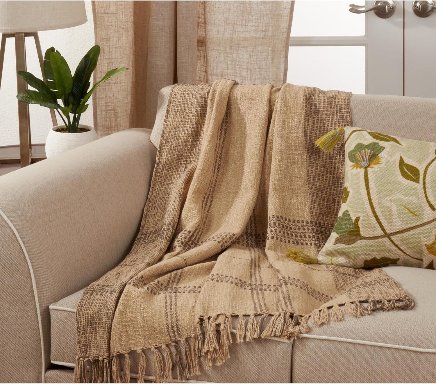 50"x70" Oversized Plaid Cotton Throw Blanket Natural - Saro Lifestyle: Hand Wash, Traditional Style, All Ages