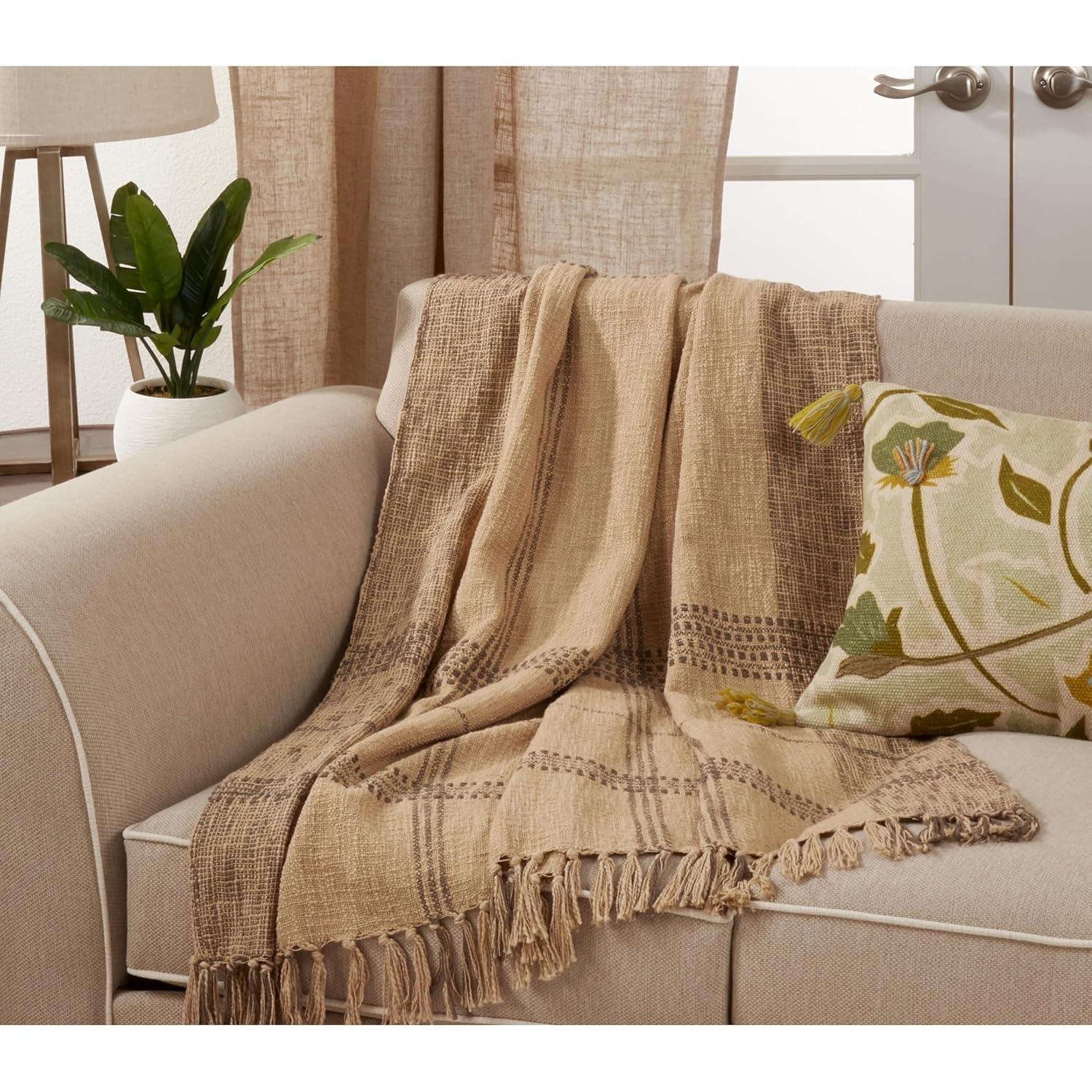 50"x70" Oversized Plaid Cotton Throw Blanket Natural - Saro Lifestyle: Hand Wash, Traditional Style, All Ages