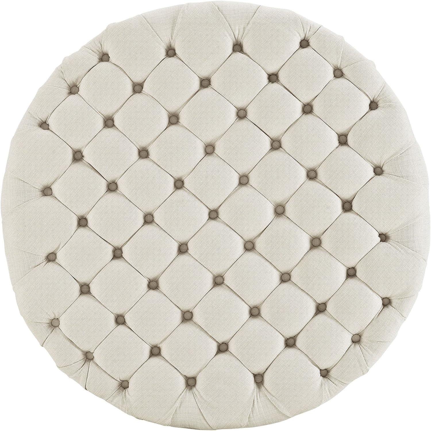 Chic Beige Tufted Round Ottoman with Dense Foam Padding