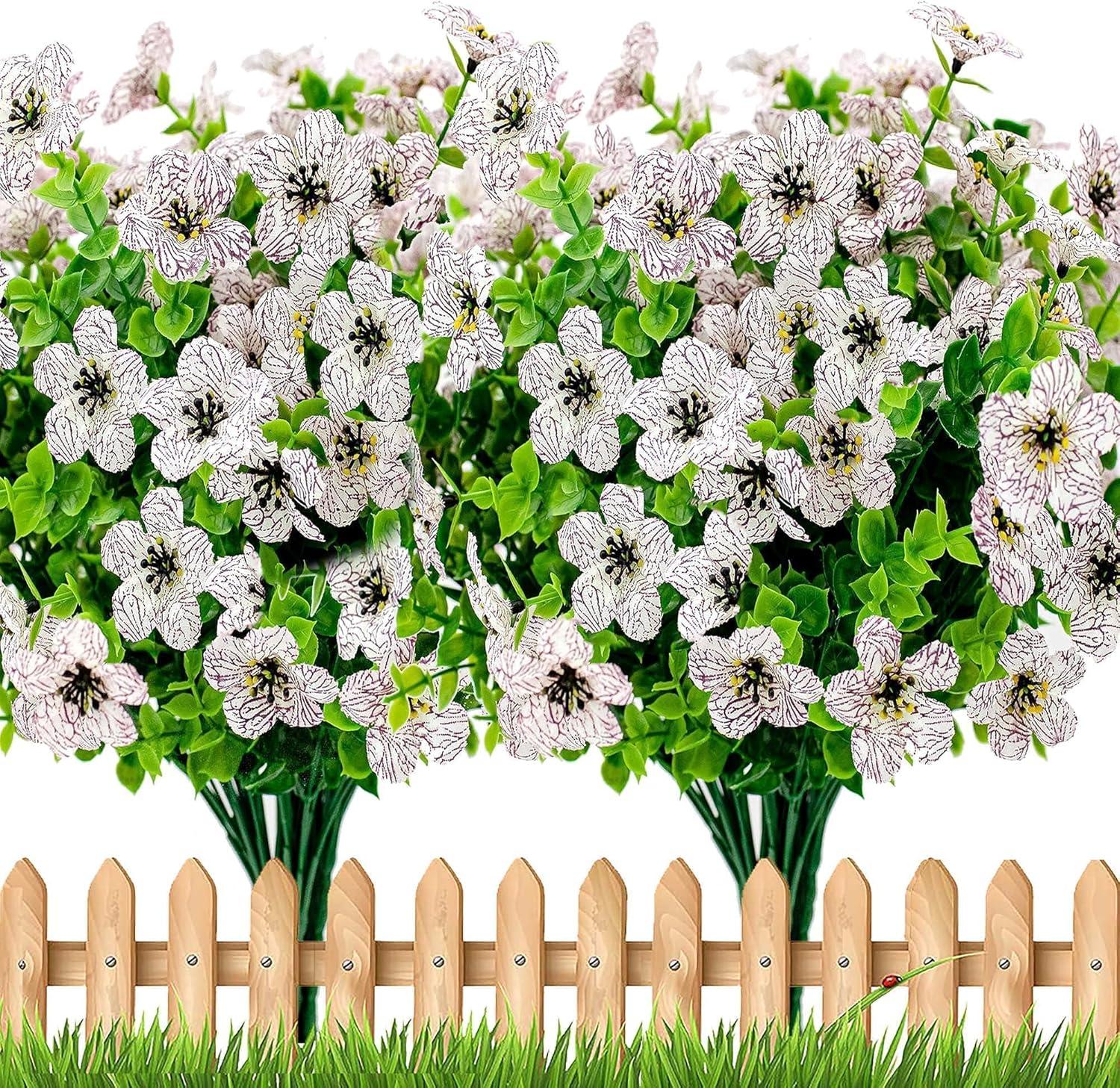 Artificial Flowers for Outdoors Fake Plants - 16 Bundles Faux Outside Greenery Boxwood UV Resistant No Fade Plastic Shrubs Fall Decor Farmhouse Home Garden Mums (White)