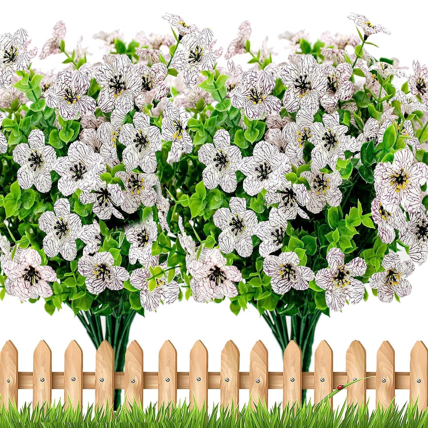 Artificial Flowers for Outdoors Fake Plants - 16 Bundles Faux Outside Greenery Boxwood UV Resistant No Fade Plastic Shrubs Fall Decor Farmhouse Home Garden Mums (White)