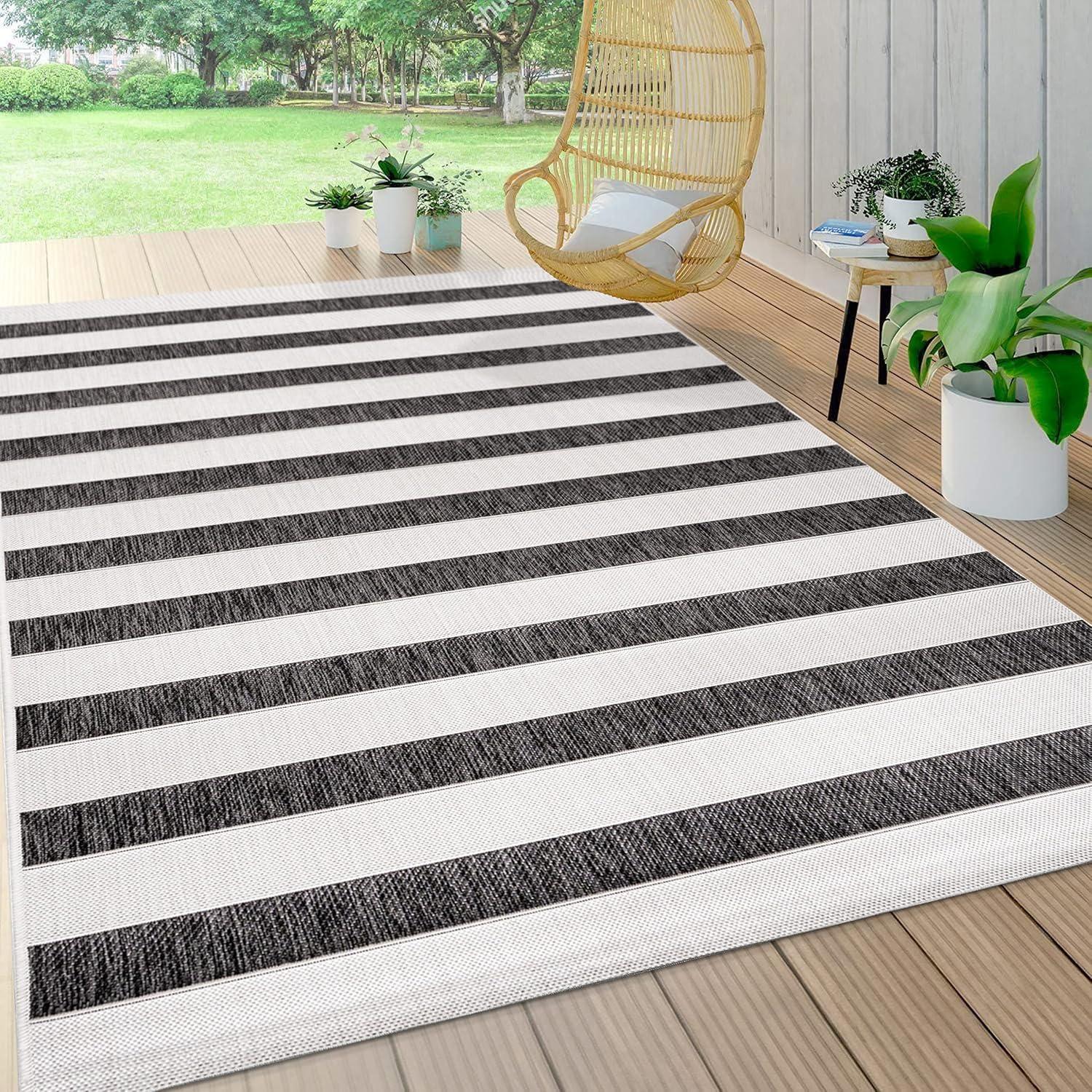 8'x10' Aveiro Wide Stripe Indoor/Outdoor Area Rug, Black/Cream - JONATHAN Y