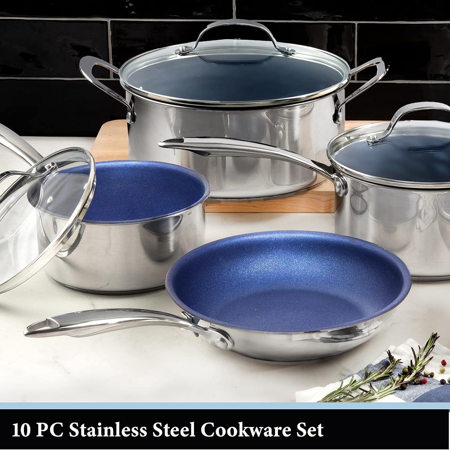 Granitestone Blue 10-Piece Nonstick Stainless Steel Cookware Set