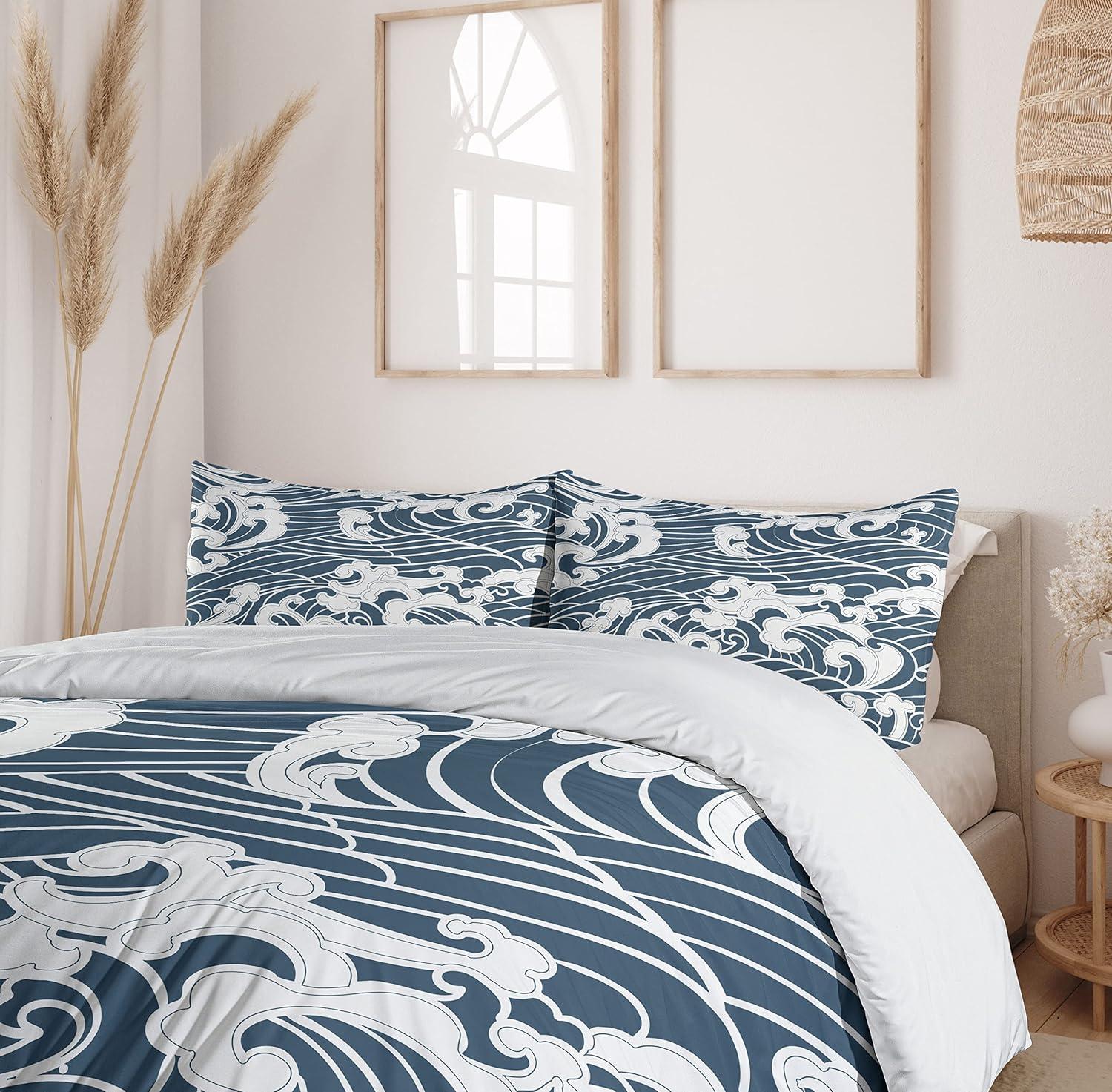 Slate Blue and White Japanese Wave Queen Duvet Cover Set