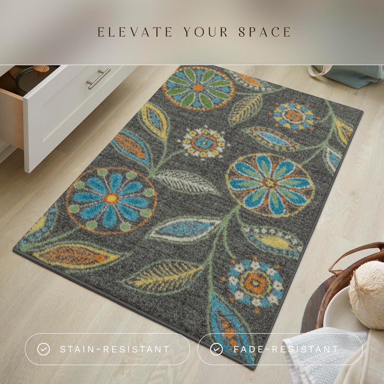 Gray Floral Tufted Washable Accent Rug