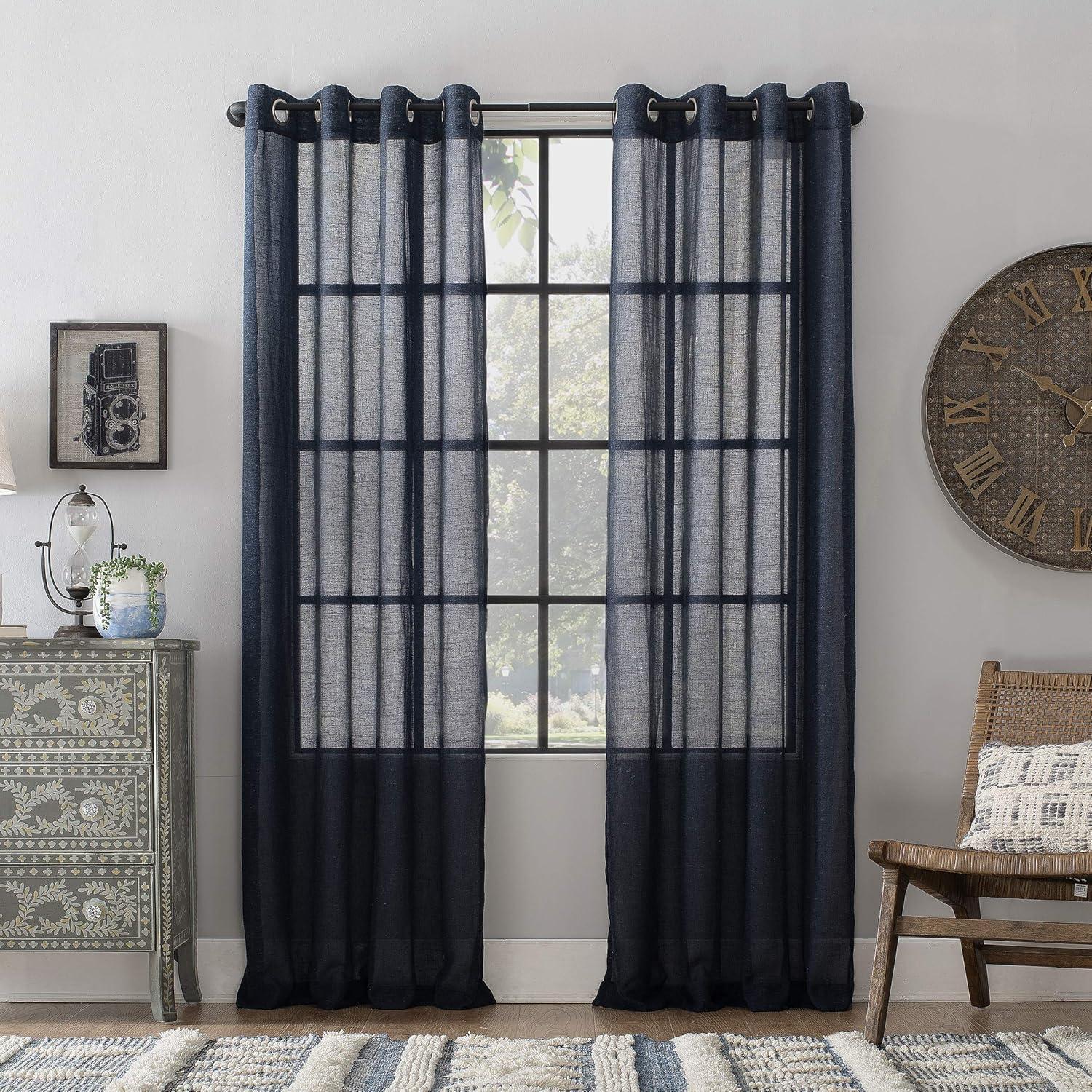 84"x52" Slub Textured Linen Blend Grommet Top Curtain Navy - Archaeo: Modern Light Filtering Panel
