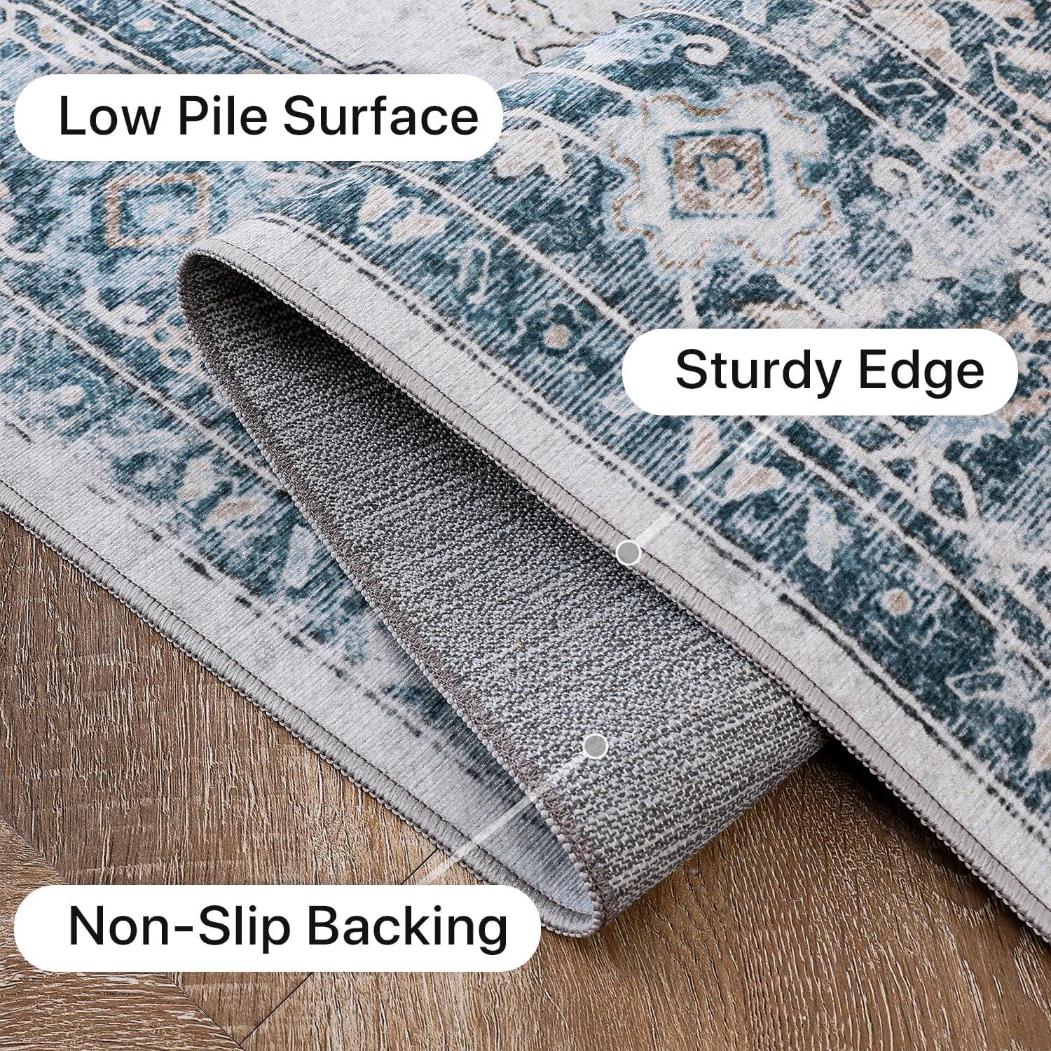 8'x10' Vintage Area Rugs,Soft Washable Distressed Thin Rugs for Living Room Bedroom,Non-Slip Foldable Indoor Carpet,Navy Blue