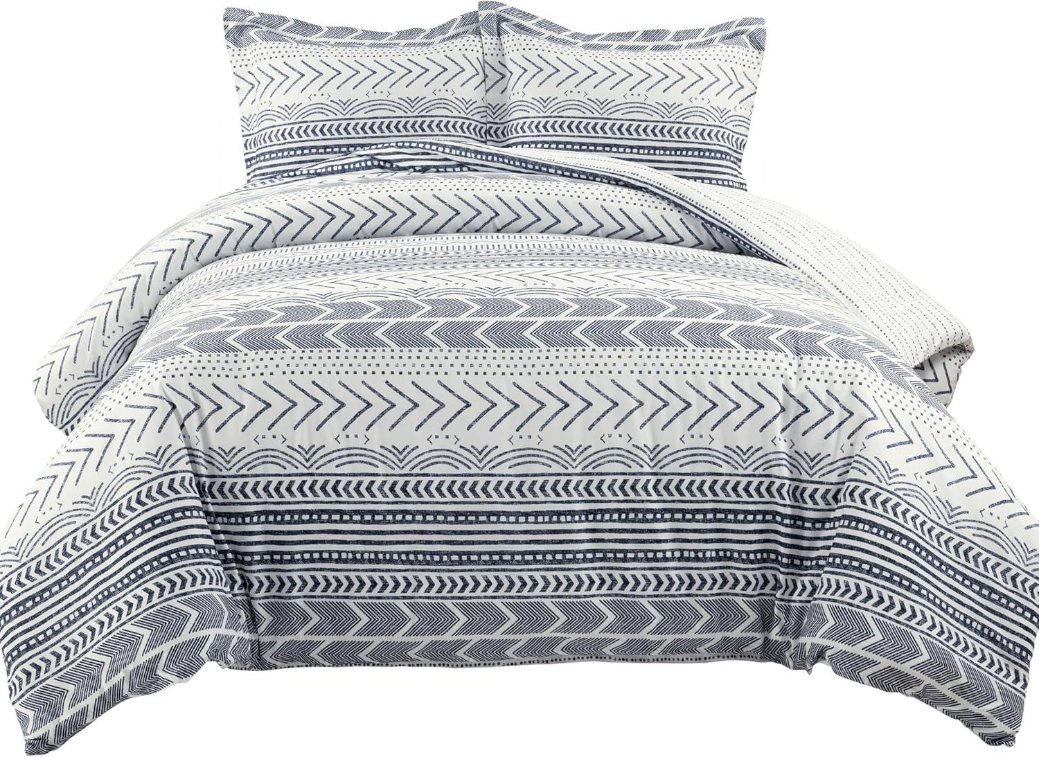3pc King Hygge Geo Duvet & Sham Set Navy/White - Lush Décor: Cotton, Reversible, Inner Ties, 460 Thread Count