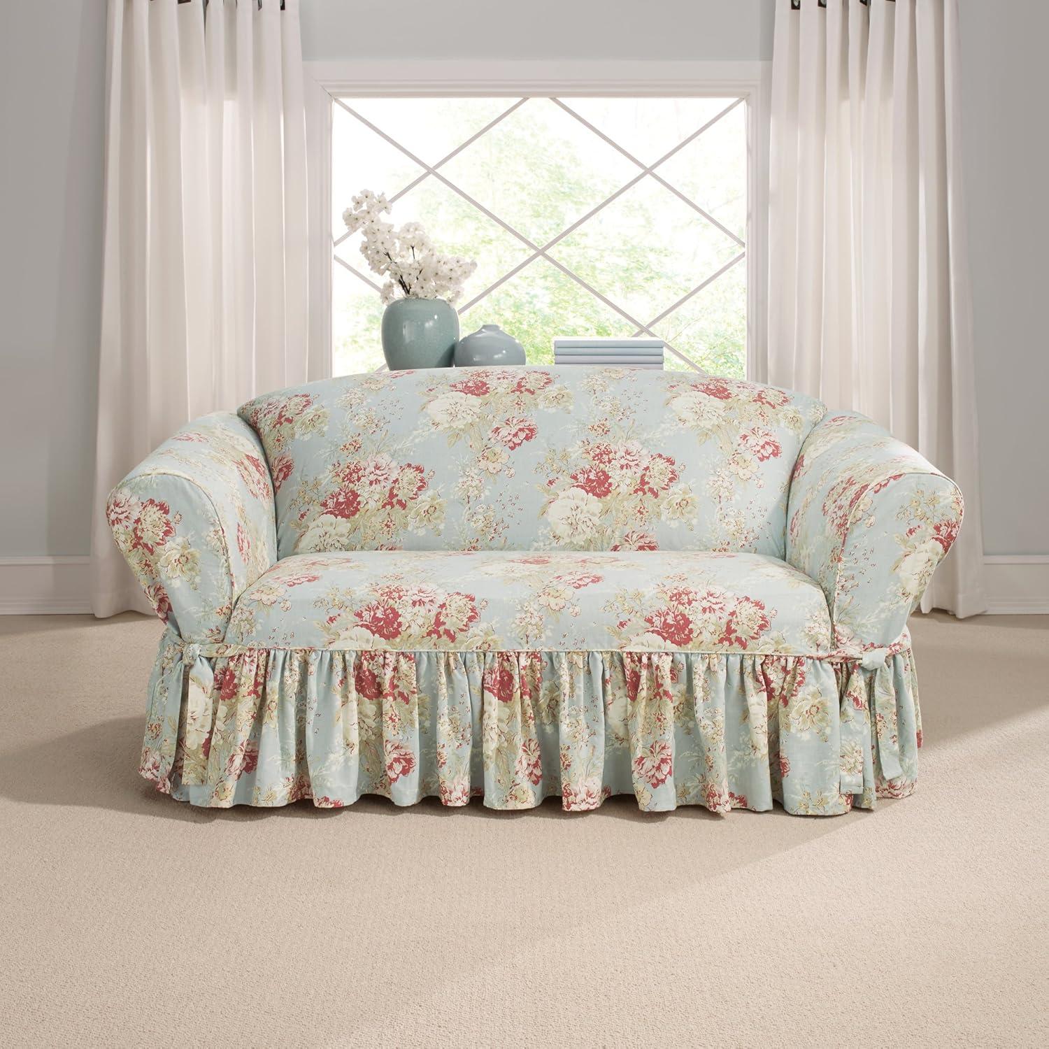 Robin's Egg Blue Floral Cotton Loveseat Slipcover with Ruffled Skirt