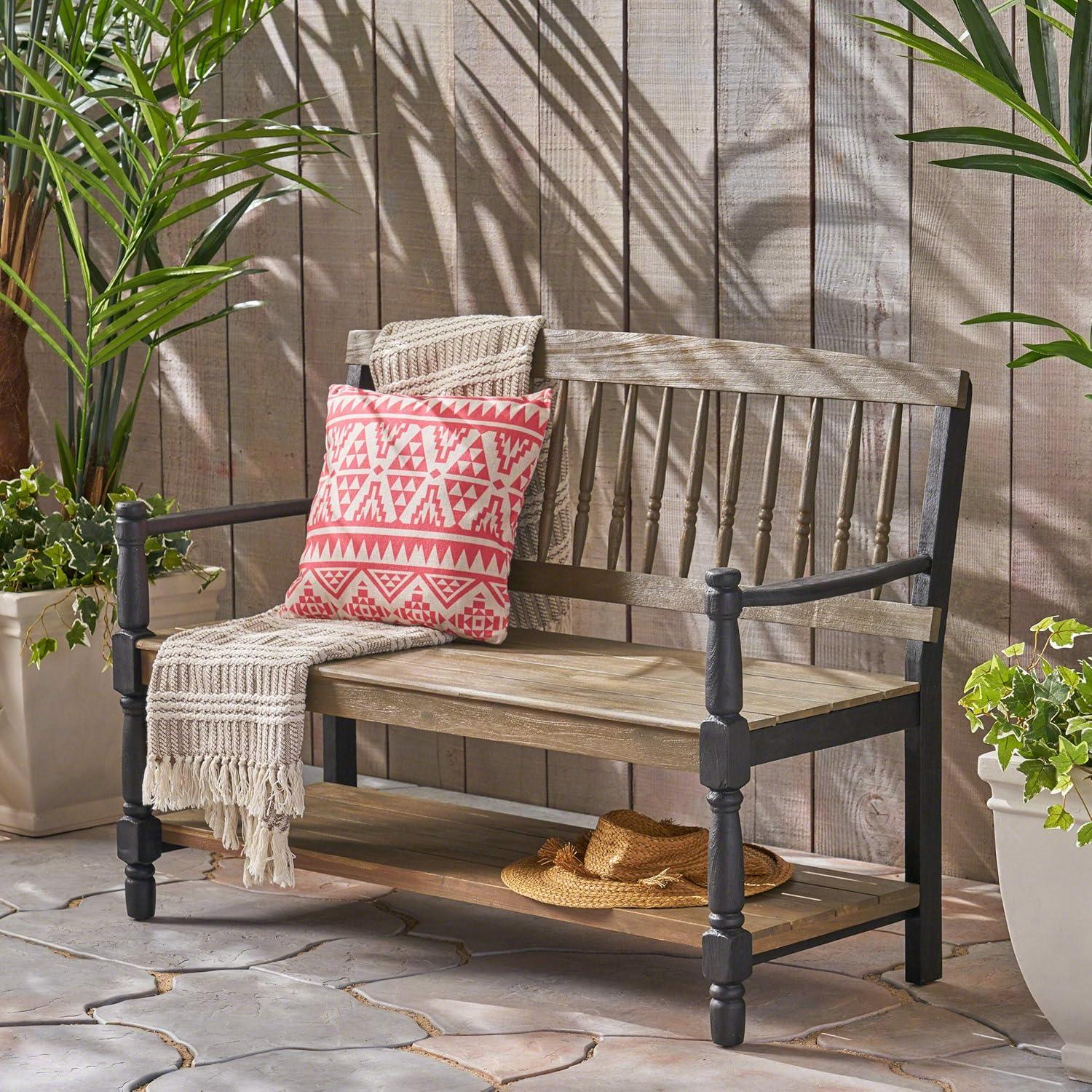 Gray and Black Acacia Wood Farmhouse Bench with Shelf