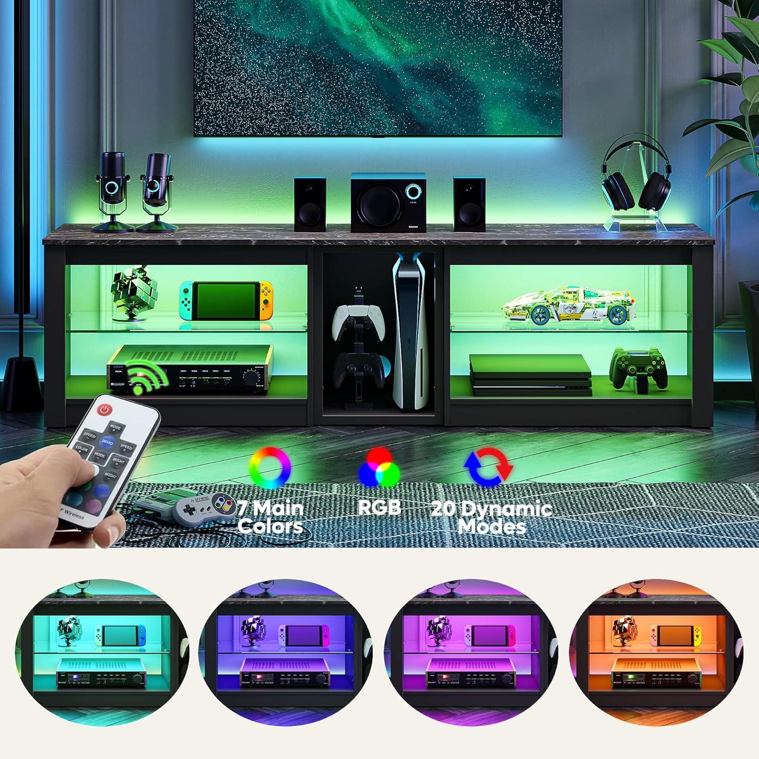 Bestier TV Stand for TVs up to 70" with LED Light, Entertainment Center for PS5 with Shelves, Black Marble