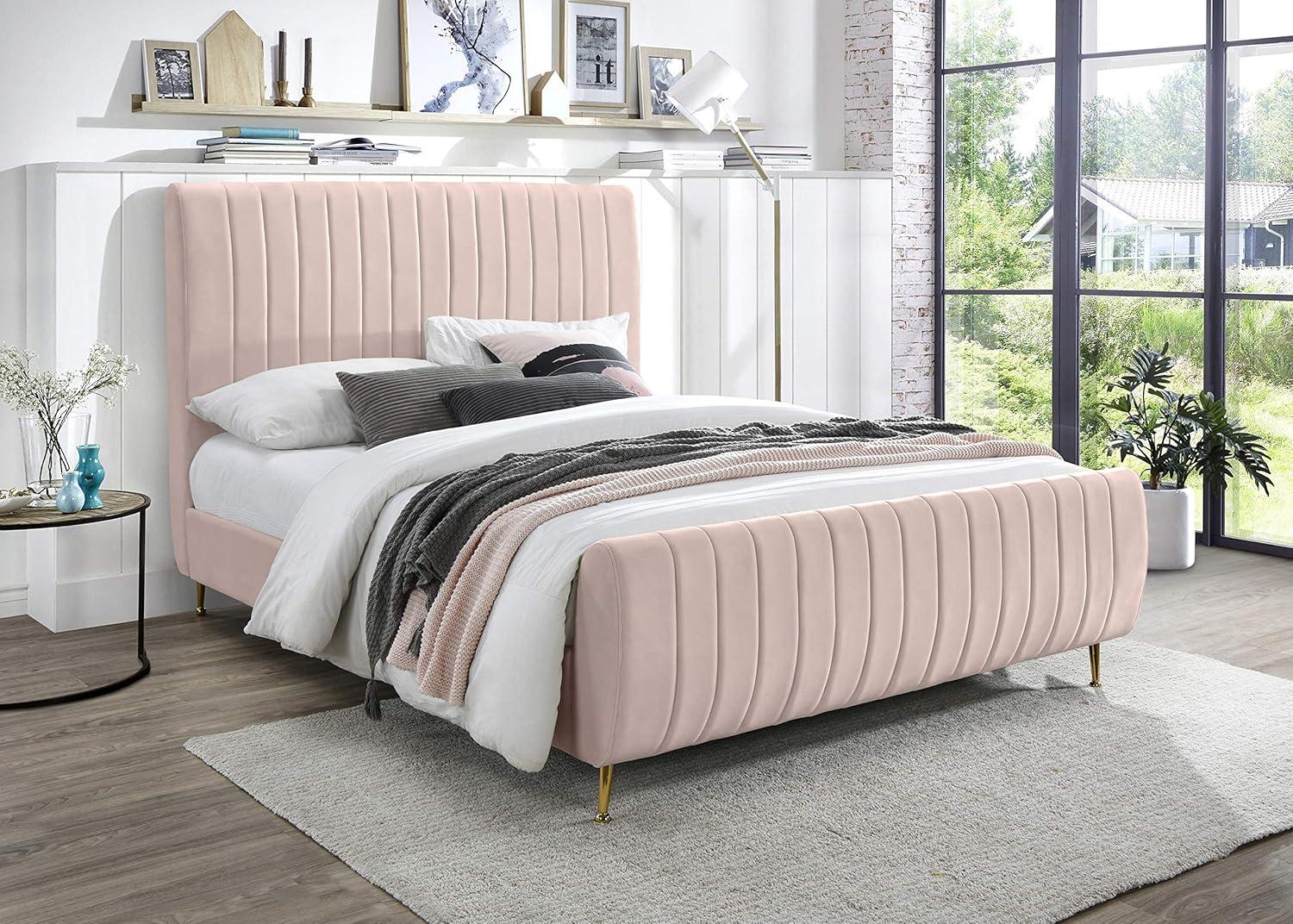 Pink Velvet Queen Bed with Tufted Upholstered Headboard