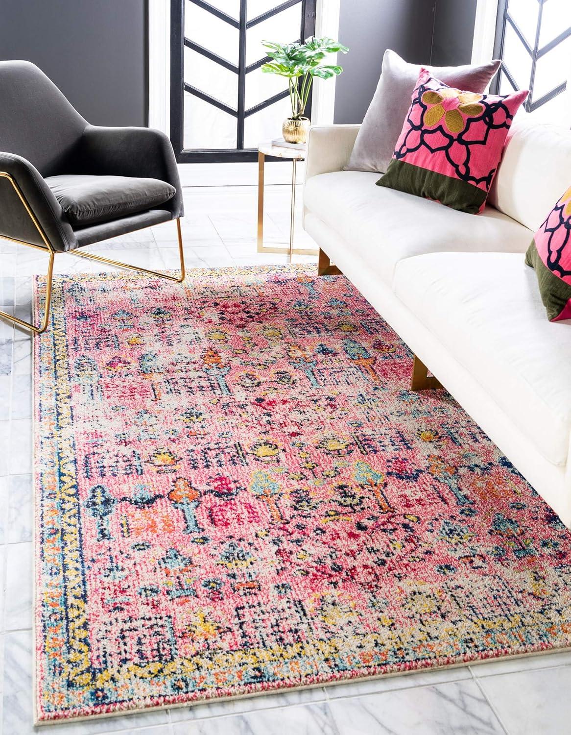 Pink and Blue Rectangular Synthetic Bohemian Area Rug