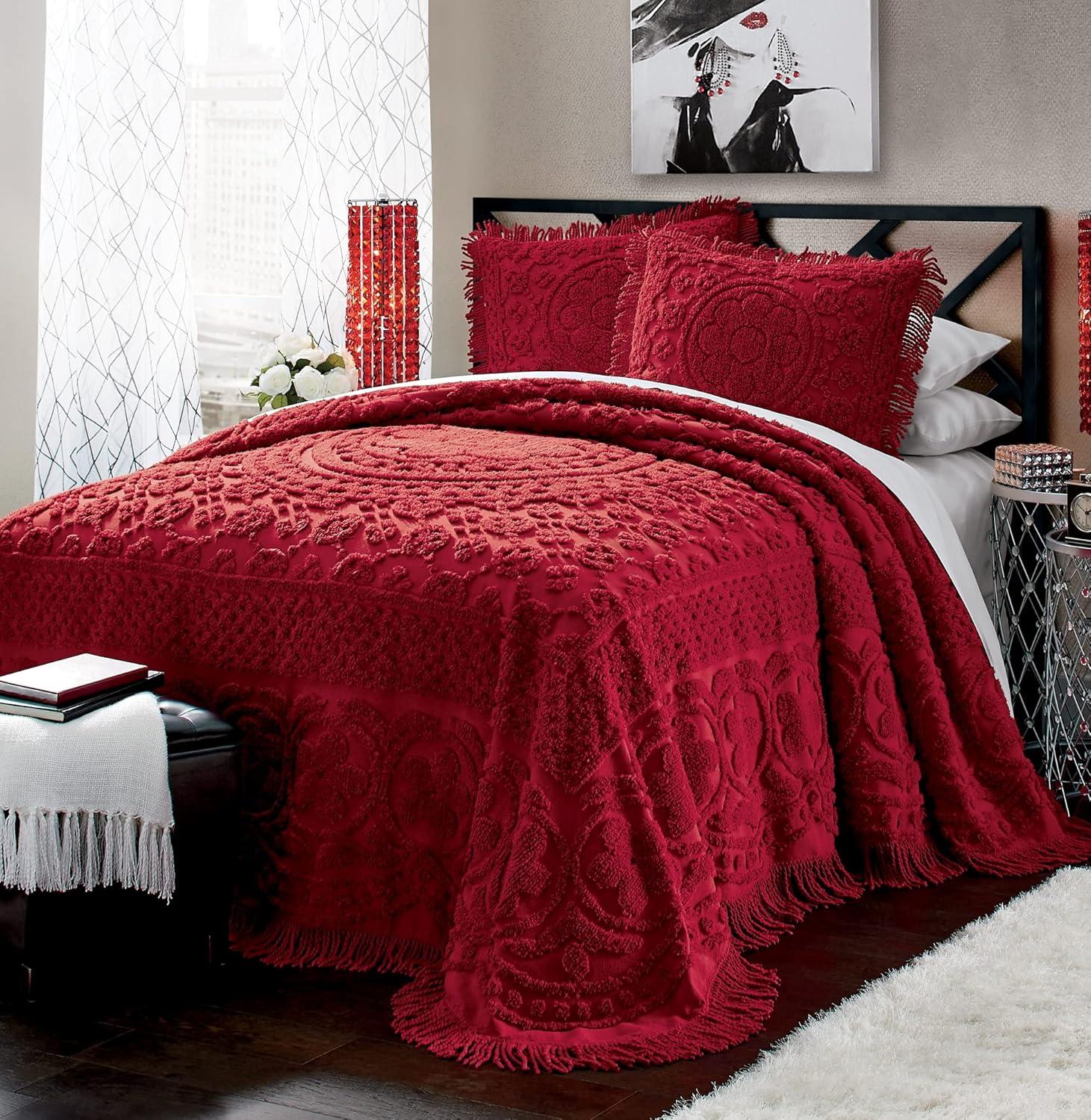 Montgomery Ward Emily Floral Chenille Bedspread, Soft Cotton Comforter, Twin Size Quilt in Red - Luxury Hotel Bedding, Twin Bedspread (Red, Twin)