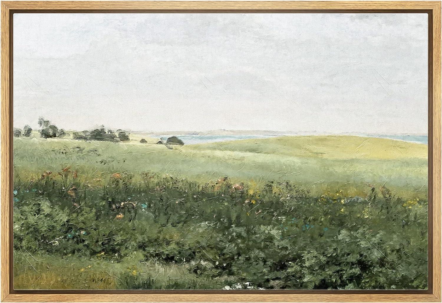 Green Meadow Hillside Wildflowers Field Nature Landscape Wall Art Framed On Canvas Painting Print