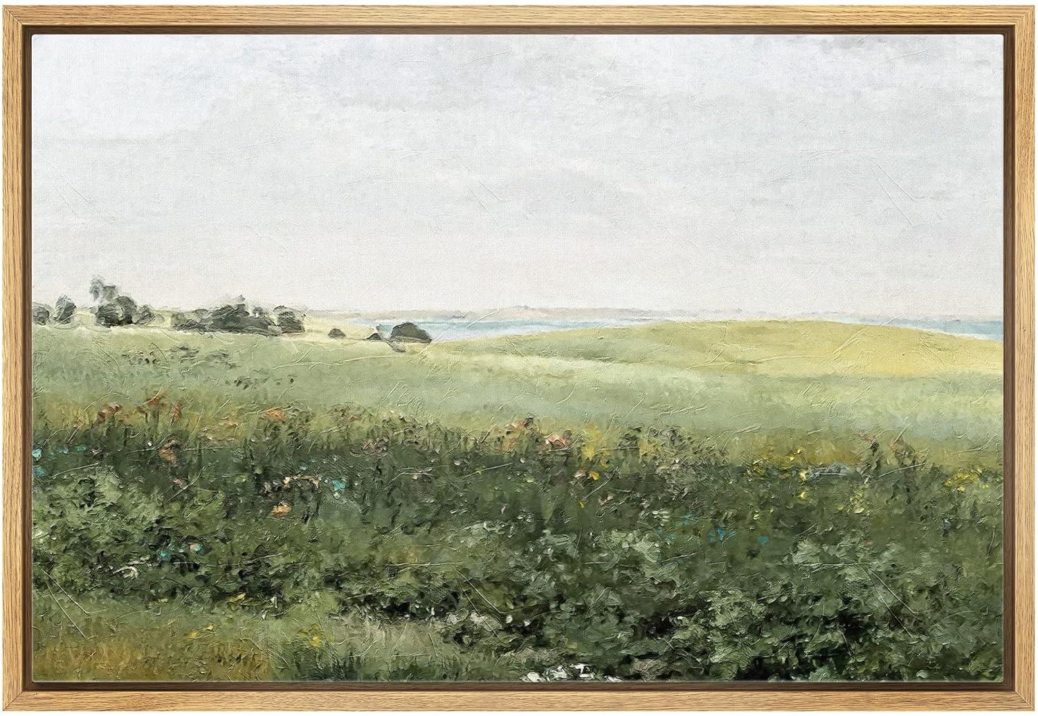 SIGNLEADER Green Meadow Hillside Wildflowers Field Nature Landscape Wall Art Framed On Canvas Painting Print