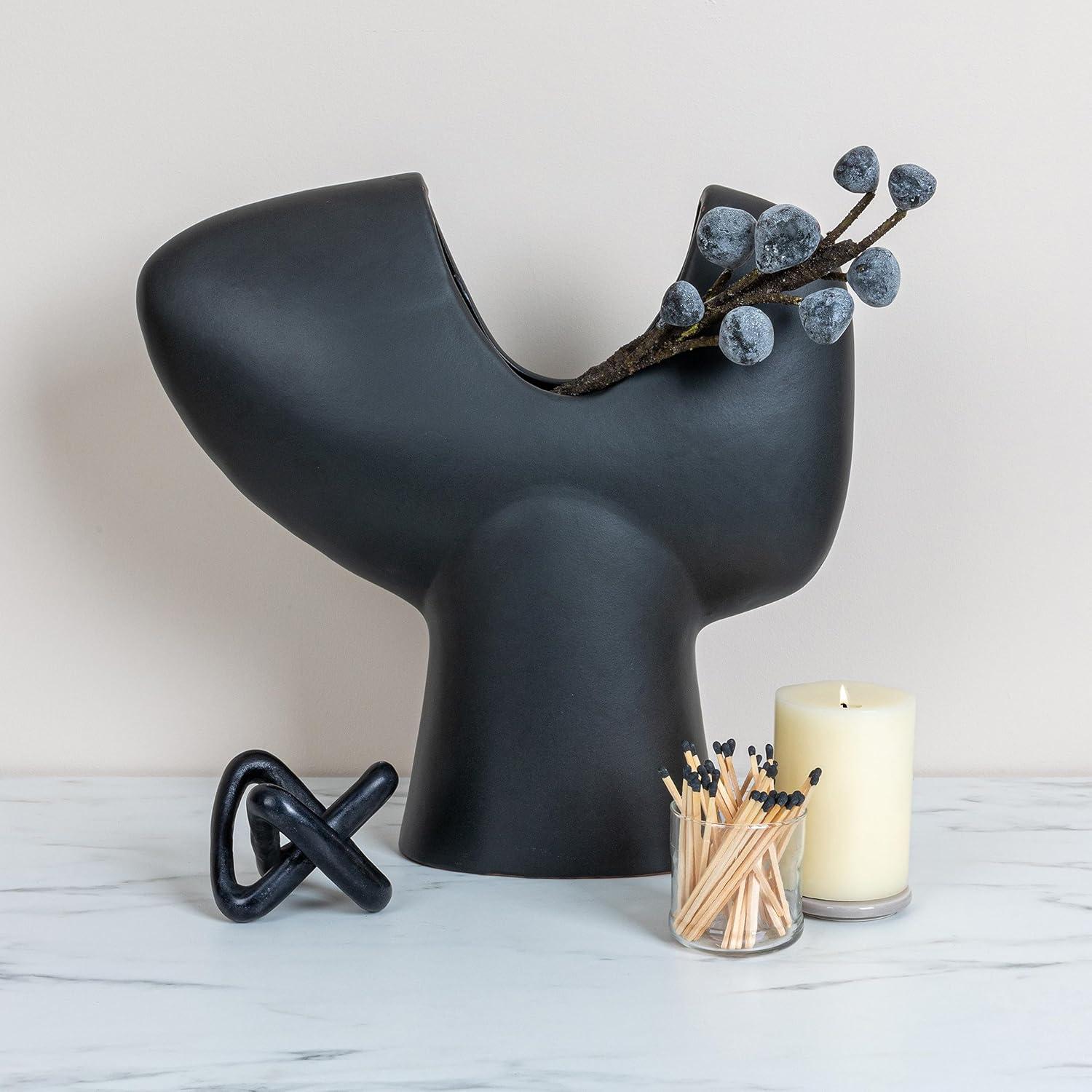 Storied Home Modern Stoneware Abstract Vase, Matte Black