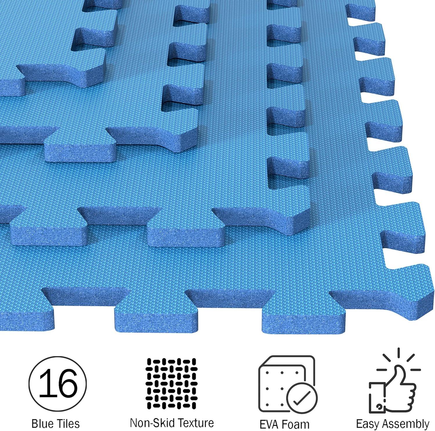 Foam Flooring Tiles – 16-Pack Interlocking EVA Foam Pieces – Non-Toxic Floor Padding for Playroom, Gym, or Basement by Stalwart (Blue)