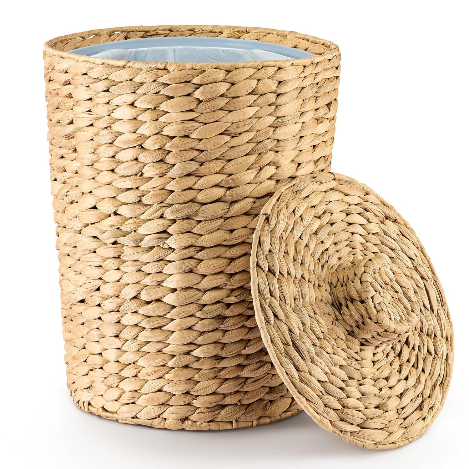 Large Natural Wicker Waste Basket with Lid for Office