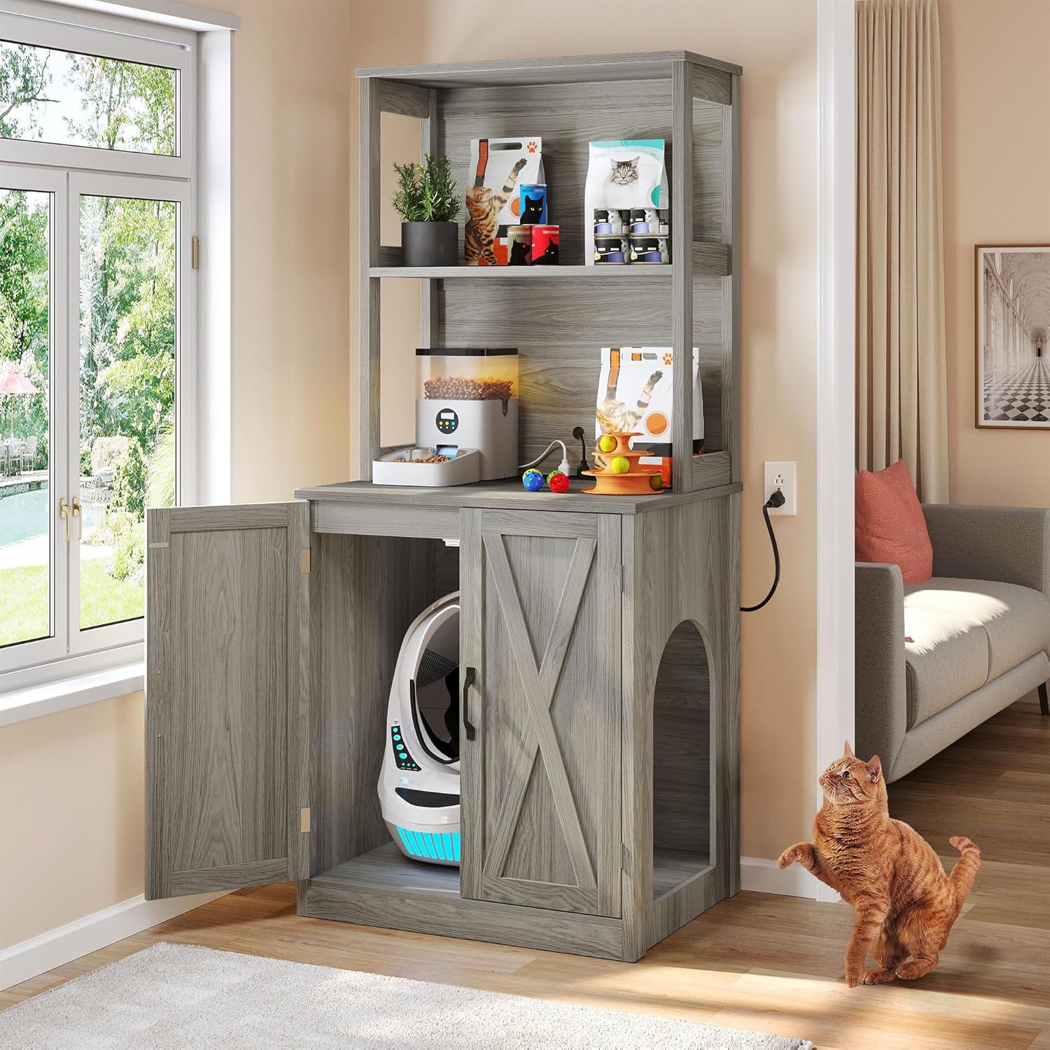 DWVO Large Hidden Cat Litter Box Enclosure Furniture with 2 Shelf Cat Washroom Storage with Charging Station，Wooden Cat Cabinet for Litter Box - Gray