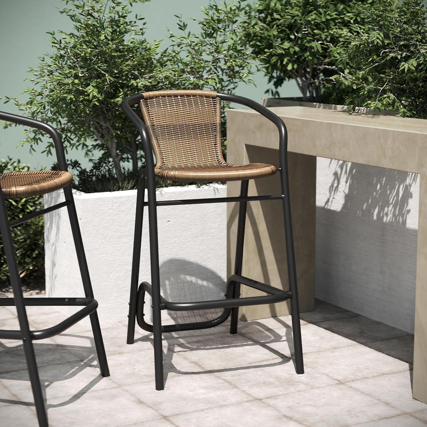 Emma & Oliver Soie Indoor/Outdoor Stacking Thonet Bistro Style Chair with Arms, Black & White PE Rattan Seat and Natural Bamboo Finished Metal Frame