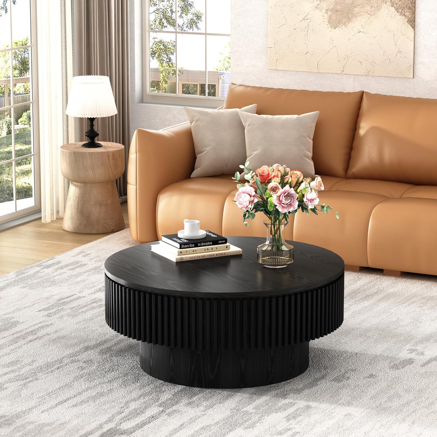 Round Coffee Table with Storage, Modern Wooden Coffee Table with Solid Wood Veneered, 31.5" Small Circle Center Table,Tea Table for Living Room,Home Small Space,Black