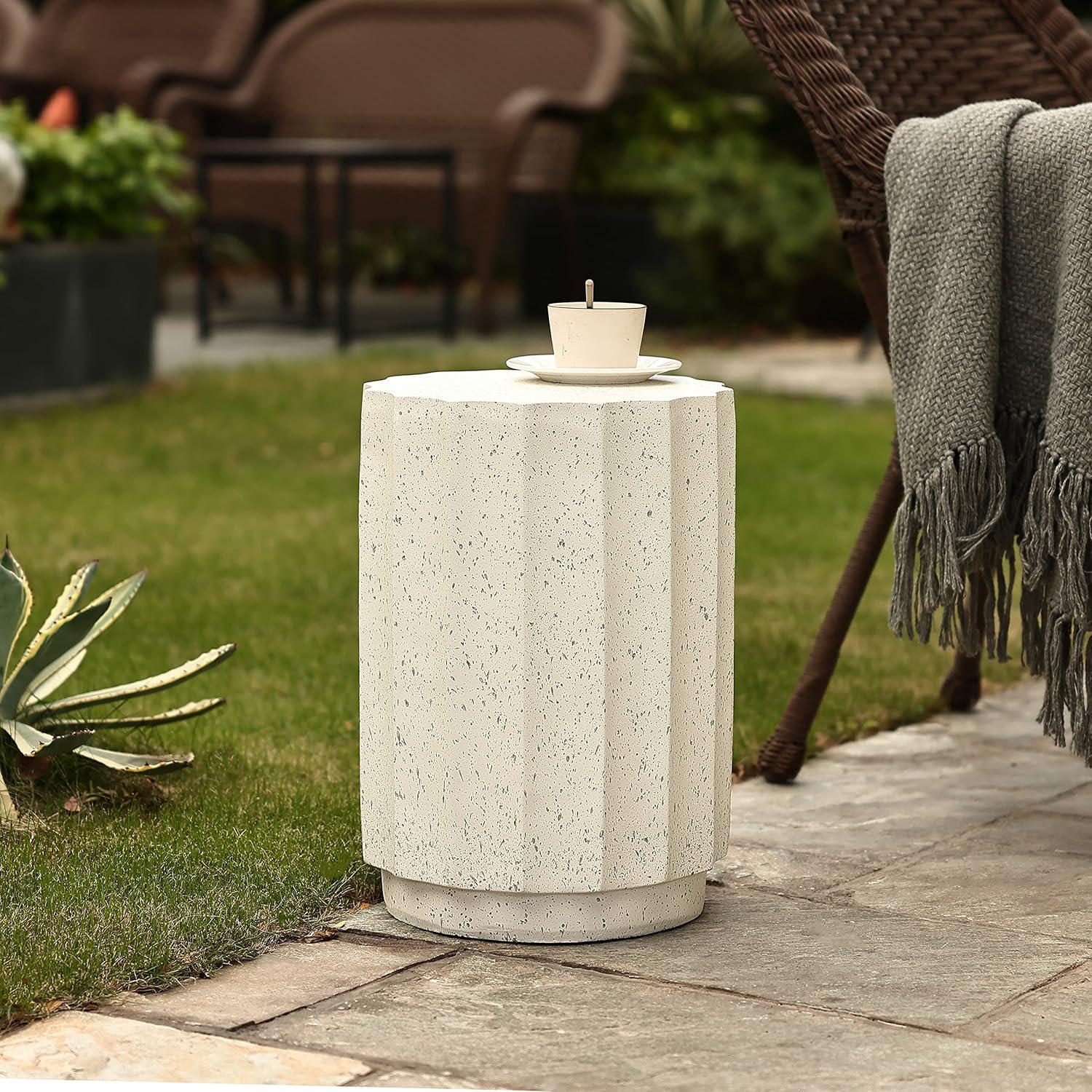 LuxenHome Round Patio Side Table Off White with Gray Cement, Accent Table for Outdoor and Indoor