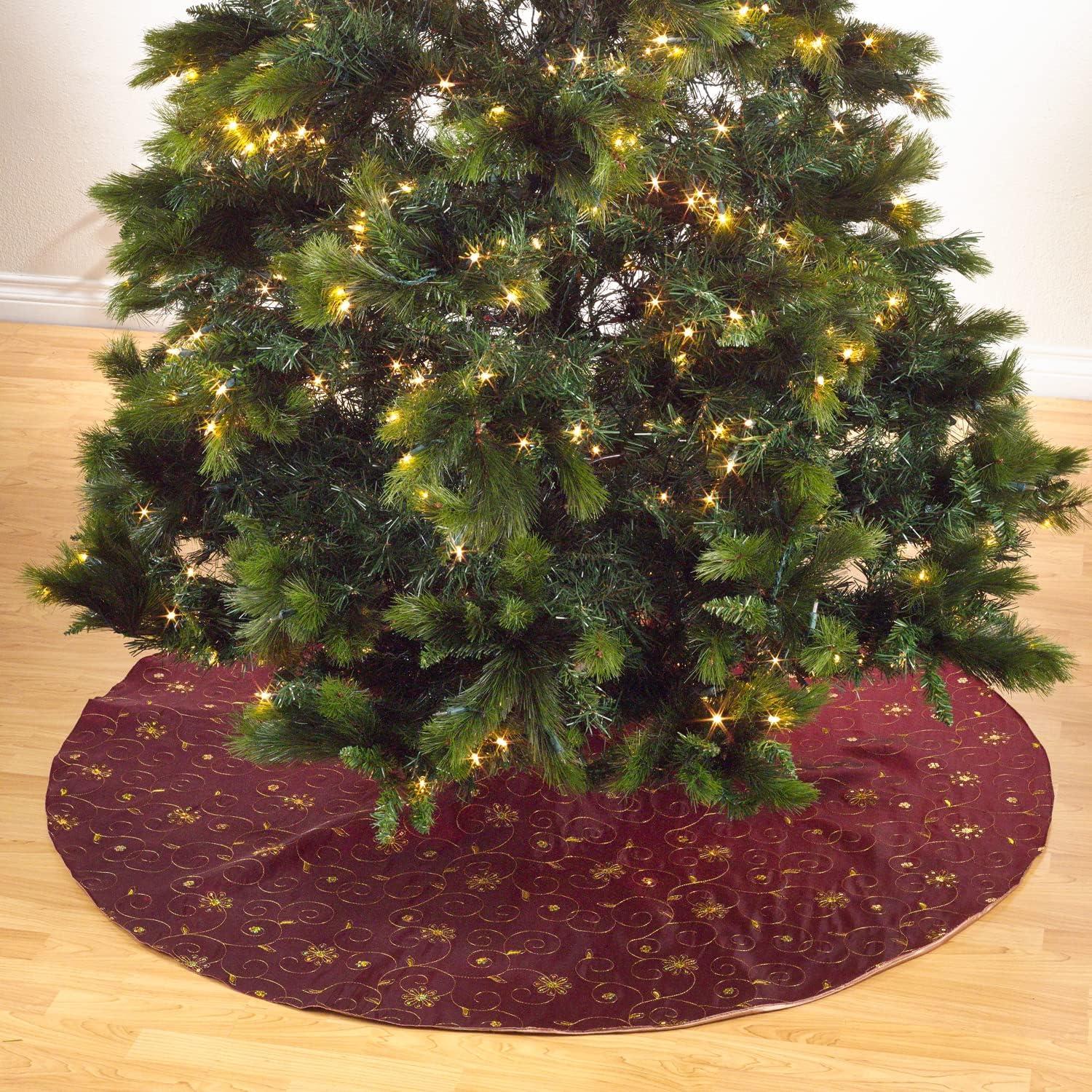 Burgundy Embroidered and Sequined 54" Round Christmas Tree Skirt