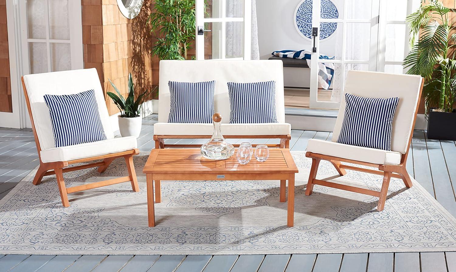 Chaston 4 Piece Living Set - Indoor/Outdoor - PAT7044 - Natural/Beige + Thin Stripe Pillow - Safavieh