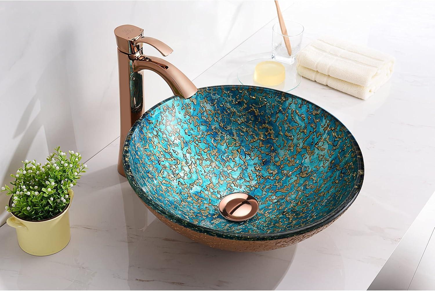 ANZZI Chrona Modern Tempered Glass Vessel Bowl Sink in Gold/Cyan Mix, Gold Top Mount Bathroom Sinks Above Counter, Round Vanity Countertop Sink Bowl with Pop Up Drain, LS-AZ209
