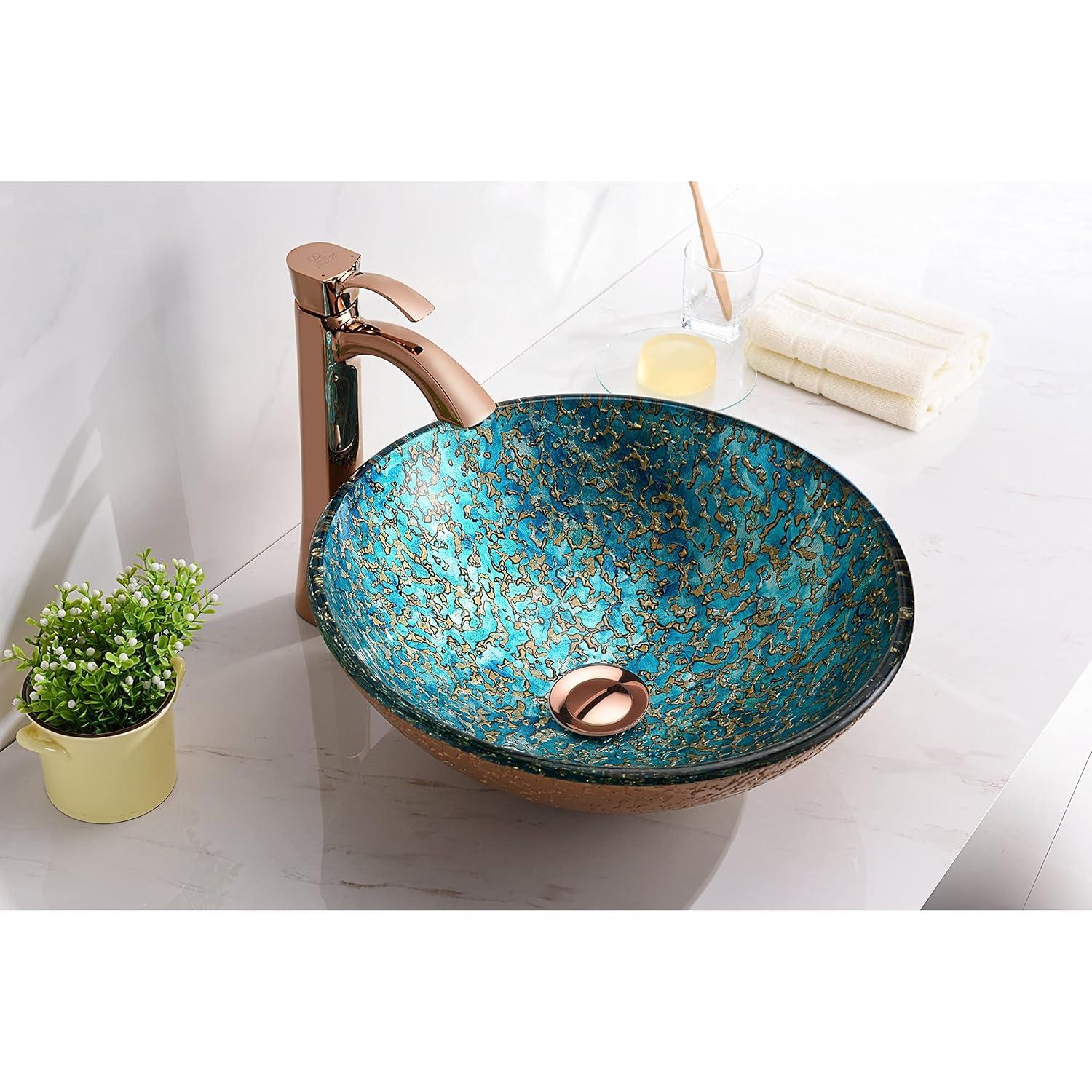 ANZZI Chrona Modern Tempered Glass Vessel Bowl Sink in Gold/Cyan Mix, Gold Top Mount Bathroom Sinks Above Counter, Round Vanity Countertop Sink Bowl with Pop Up Drain, LS-AZ209