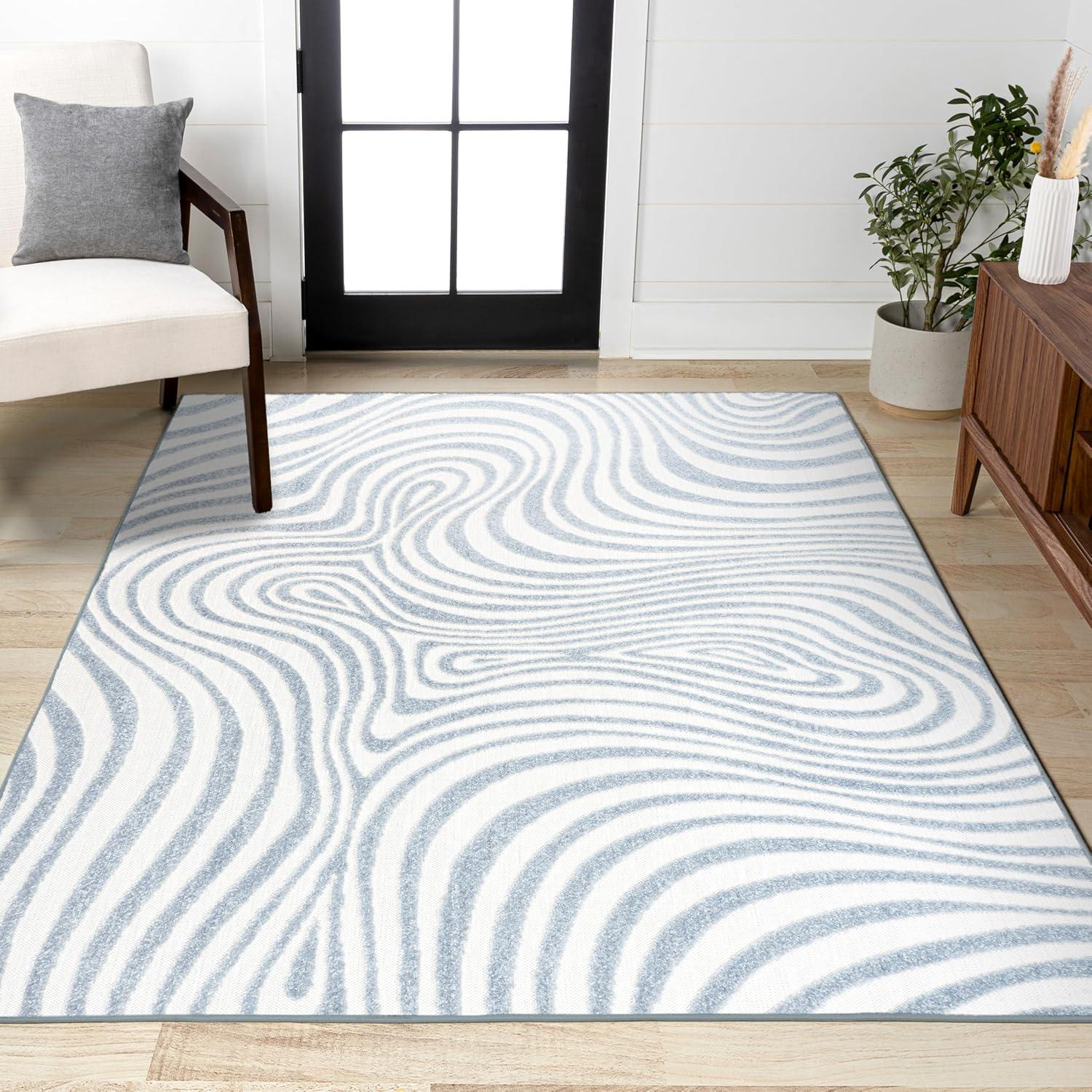 JONATHAN Y Maribo High-Low Abstract Groovy Striped Light Blue/Ivory 5 ft. x 8 ft. Indoor/Outdoor Area Rug