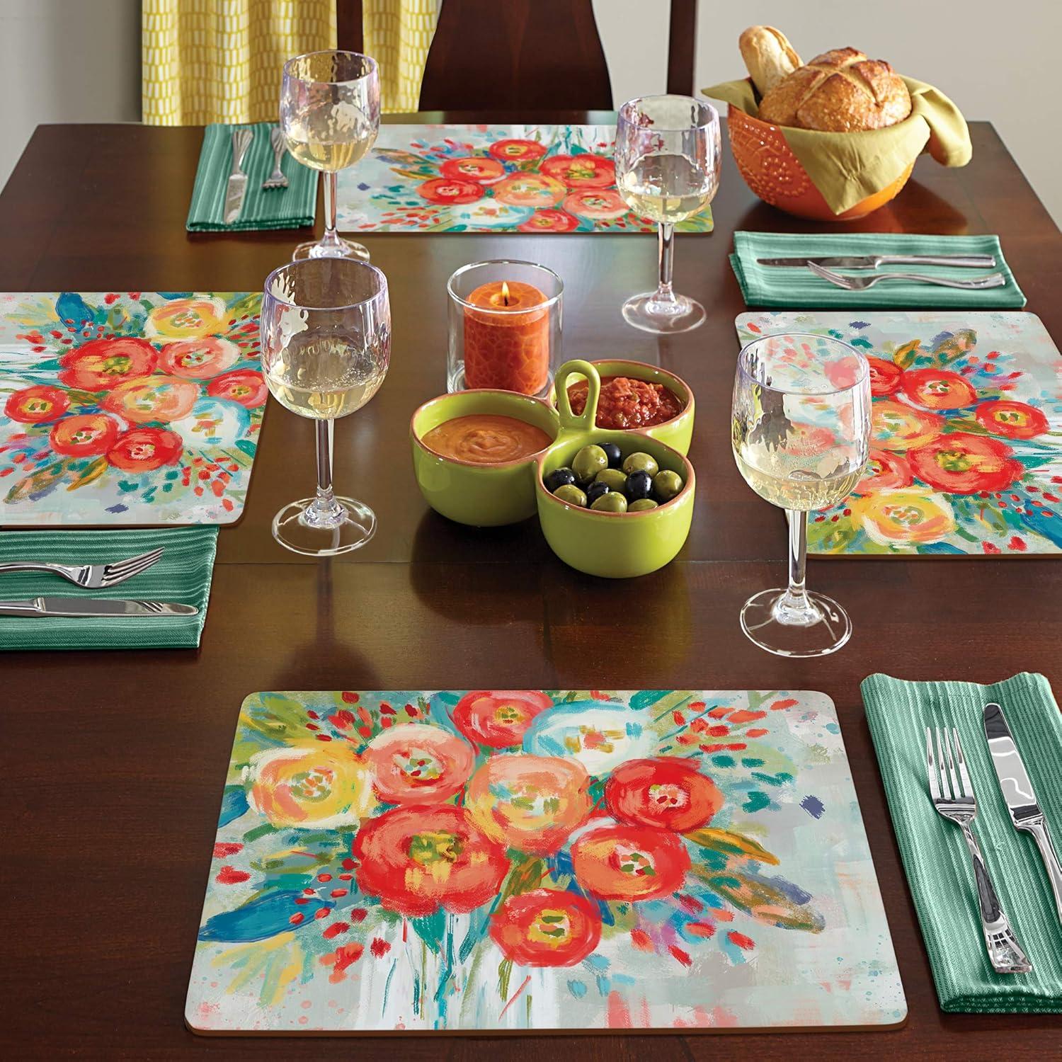 Cala Home "Coral Floral" Premium Decorative Hardboard Cork Back Tabletop Placemats 4 Pack