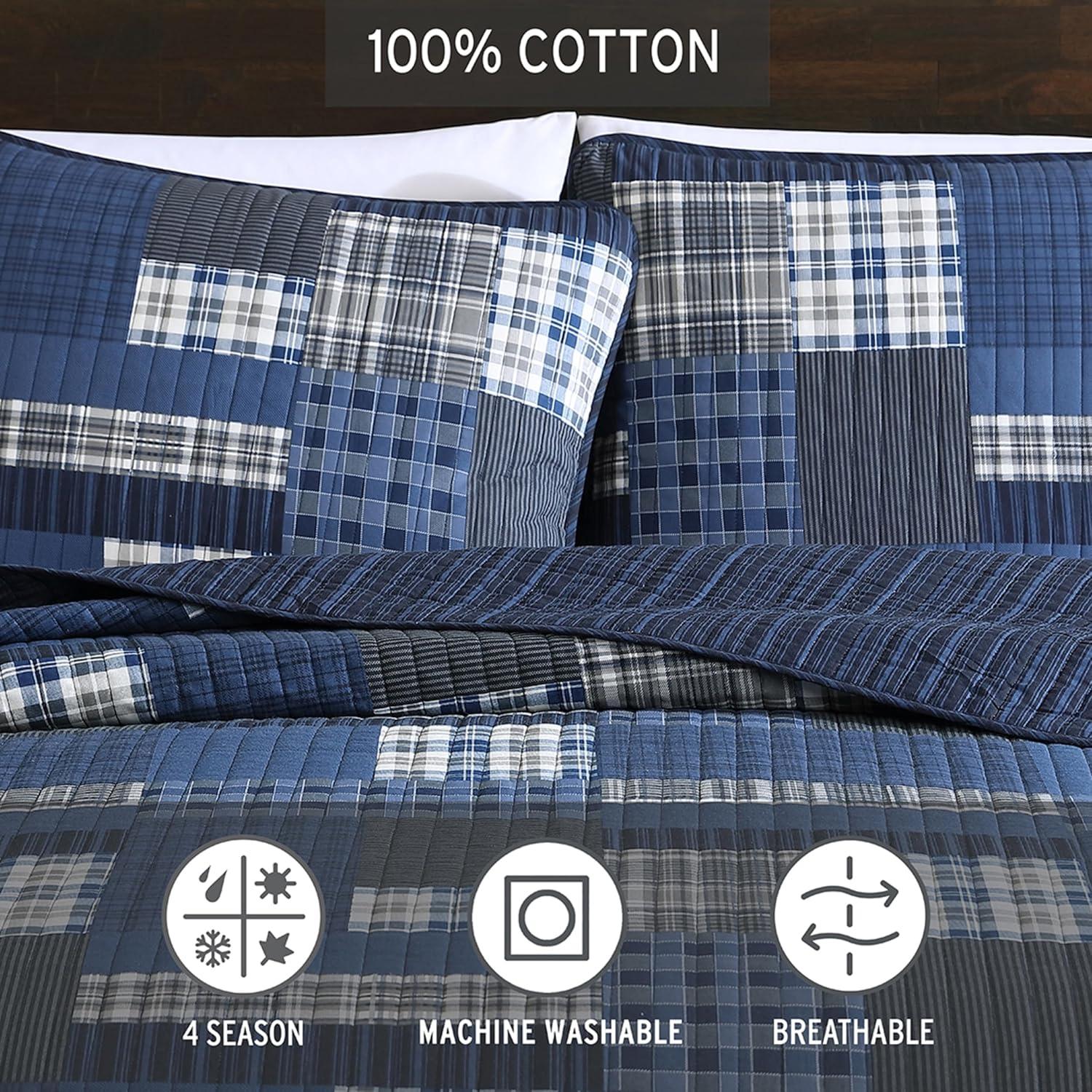 Full Blue Cotton Reversible Quilt Set