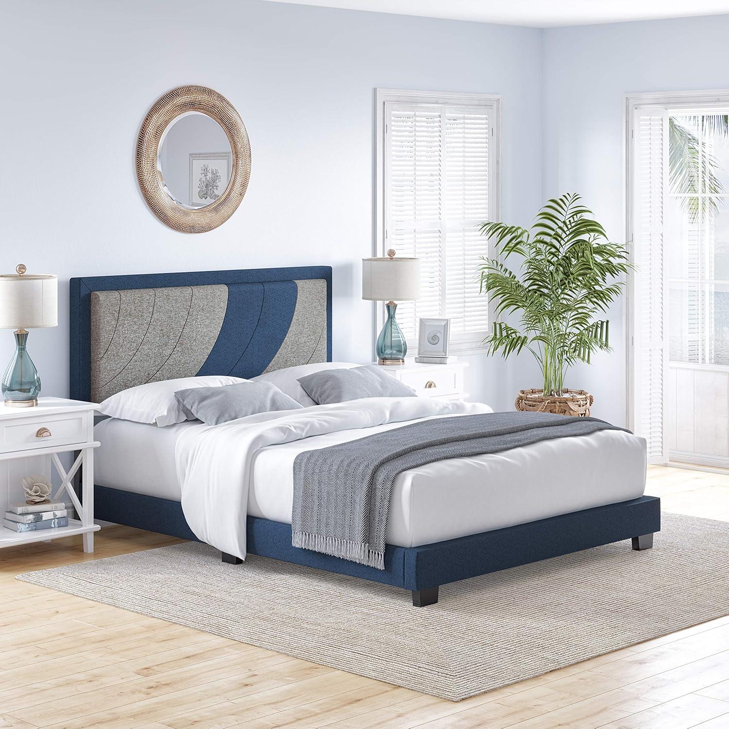 King Blue and Gray Linen Upholstered Platform Bed with Tufted Headboard