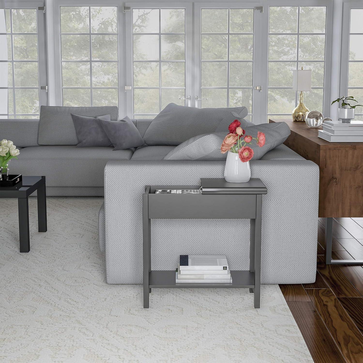 Gray MDF Flip-Top End Table with Storage and Shelf